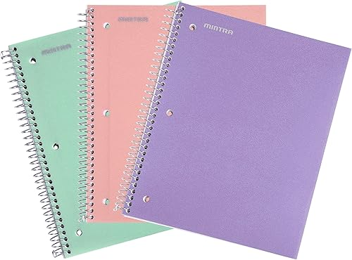 Mintra Office Cuadernos de espiral duraderos, 3 materias (lavanda, verde salvia, salmón, rayas anchas, paquete de 3)