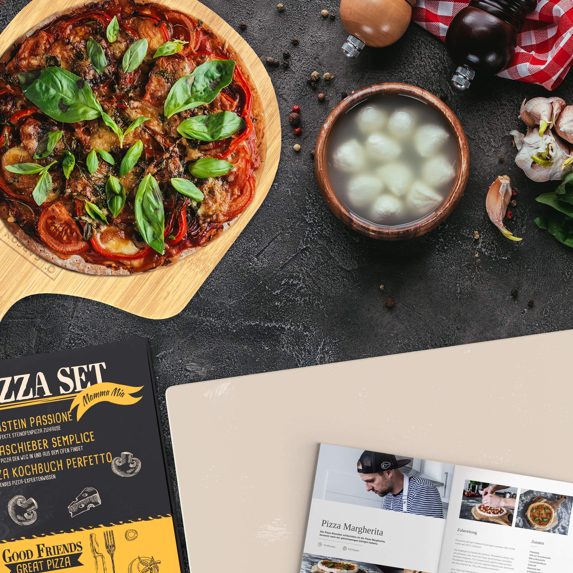 GARCON Pizzastein Set eckig – Pizza Stein für Backofen & Grill, 3-teilig inkl. Pizzaschieber & Rezeptbuch, ideal für Pizza, Flammkuchen & Brot, knuspriger Steinofenboden