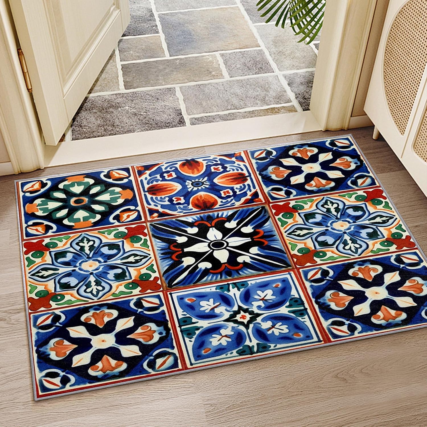 Tile Pattern Washable Rug - Tile Rug, 2x3 Rug, Mexican Talavera Colorful Vintage Area Rug, Mediterranean Style Door Mat, Washable & Non Slip & Soft Small Carpet, Tile Home Decor