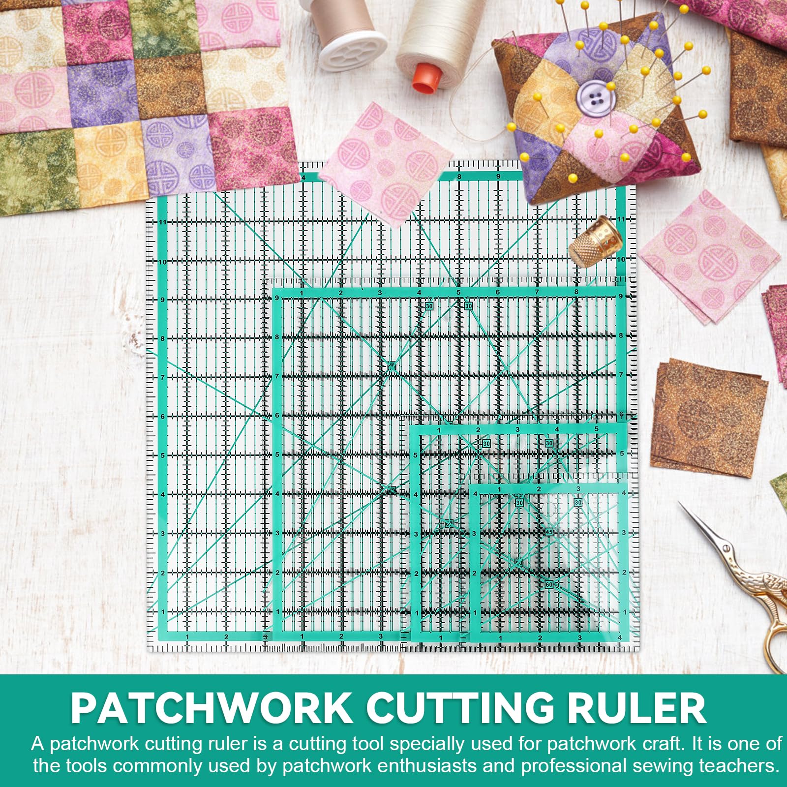 Set di 4 righelli quadrati per trapuntatura, modelli da cucito con 25 anelli antiscivolo, resistenti tagliati al laser per trapuntatura, scrapbooking e progetti artigianali (verde) (Rosa)