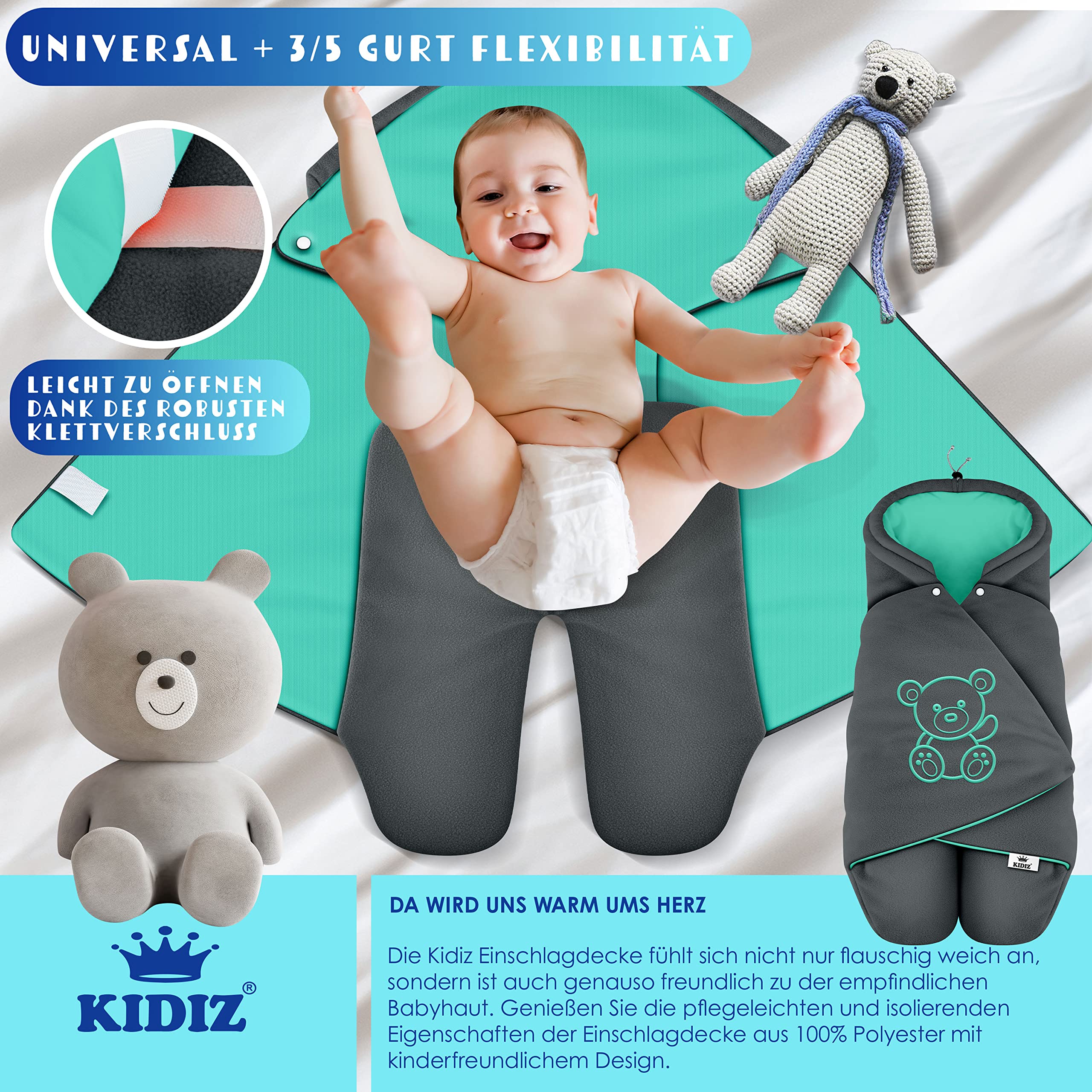 Kidiz® Baby Einschlagdecke Babyschale Winter Herbst Babydecke mit Tasche Universal Fußsack kompatibel mit Maxi-Cosi, Römer, Buggy, Kinderwagen & Autositz isolierend gegen Wind, Nässe & Kälte