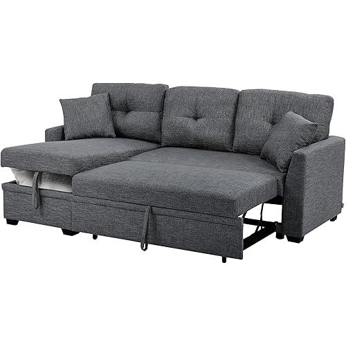83" Sleeper Sectional Sofa Pull Out Couch Bed , Convertible L Shaped Tufted Linen Upholstered Sofa Corner Couch with Reversible Storage Chaise Pullout Sofabed w/ 2 Pillows for Living Room Apartment