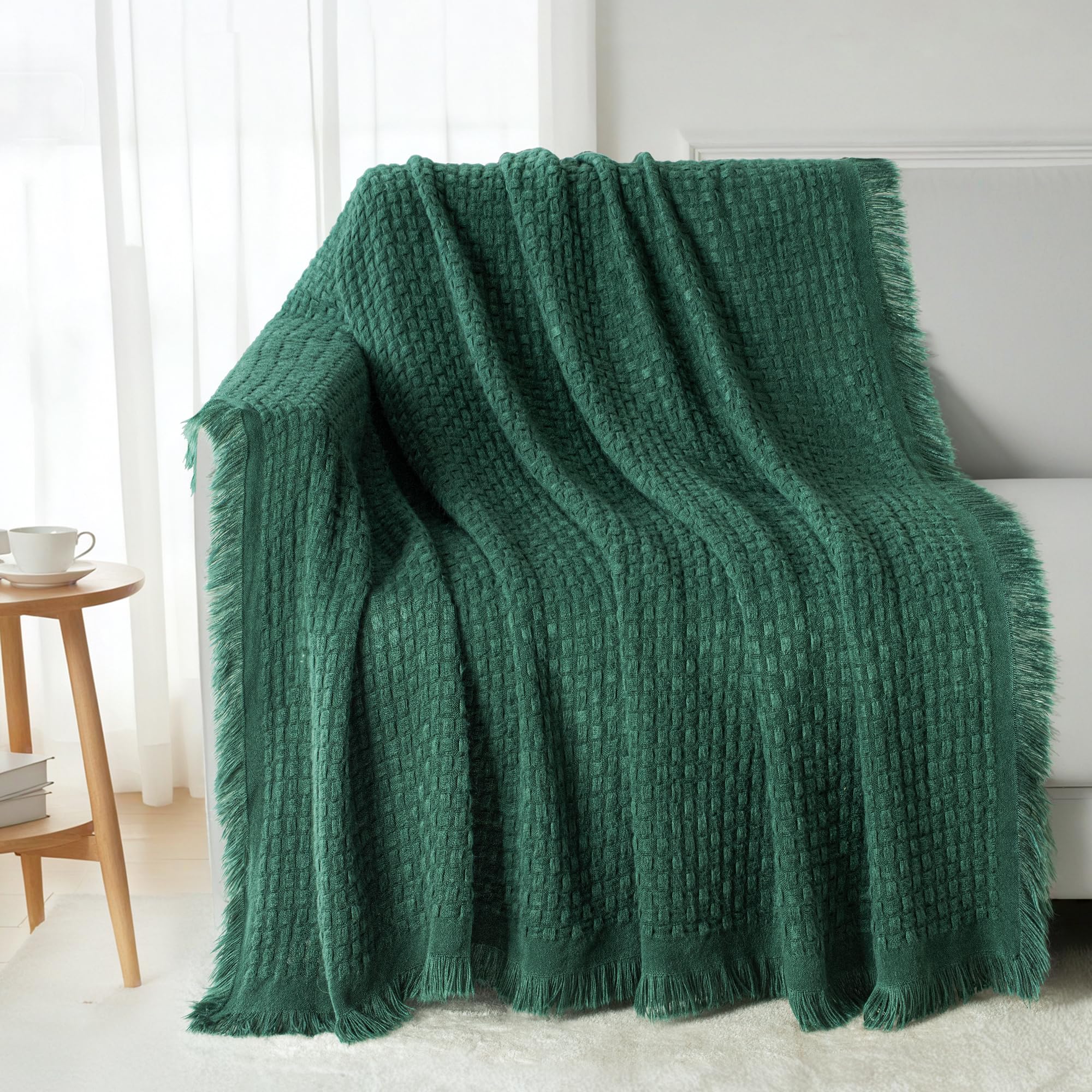 Exclusivo Mezcla Knitted Blanket with Fringes for Sofa, Lightweight, Breathable and Cool for Summer, Air Conditioning Bed Blanket, Machine Washable, 150 x 200 cm, Dark Green