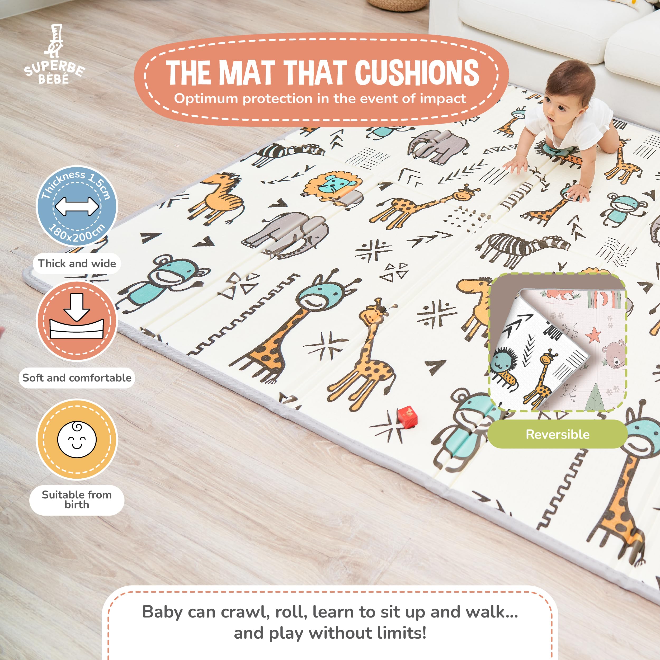 SUPERBE BEBE Tappeto Per Bambini e Neonati Reversibile e Non Tossico, Pieghevole e Impermeabile in Schiuma Per Bimbi. Per la Camera del Bambino o della Bambina. Grande Formato Regalo Bambino