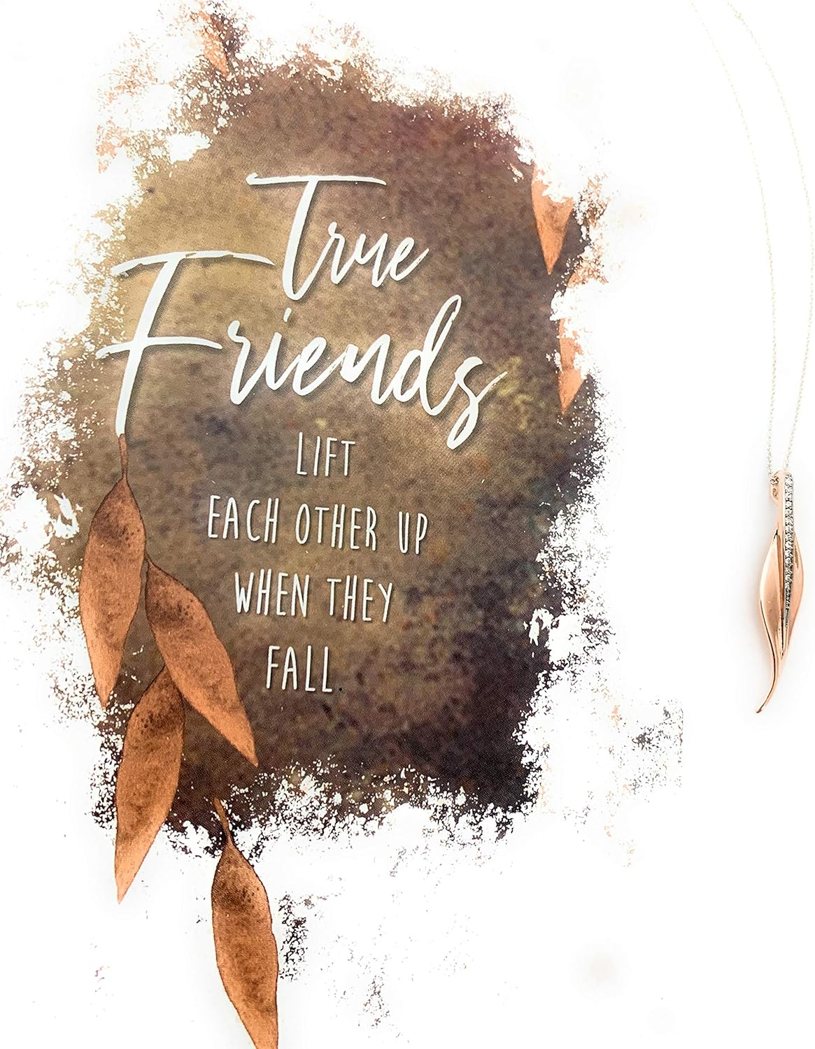 Smiling Wisdom - Friendship Greeting Card for Women and Leaf Necklace Gift Set - True Friends Grow Together - A Reason Season Lifetime Friend - Bestie BFF Women - Rose Gold Long Leaf