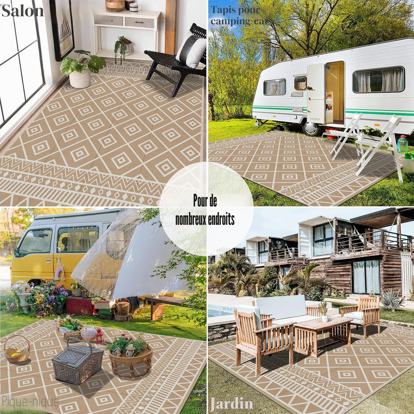 Enyhom Tapis d'extérieur Résistant aux Intempéries 240 x 300 cm, en Plastique Grande Fermeture éclair - Tapis d'extérieur Réversible pour Balcon, Camping, Plage, Jardin d'hiver