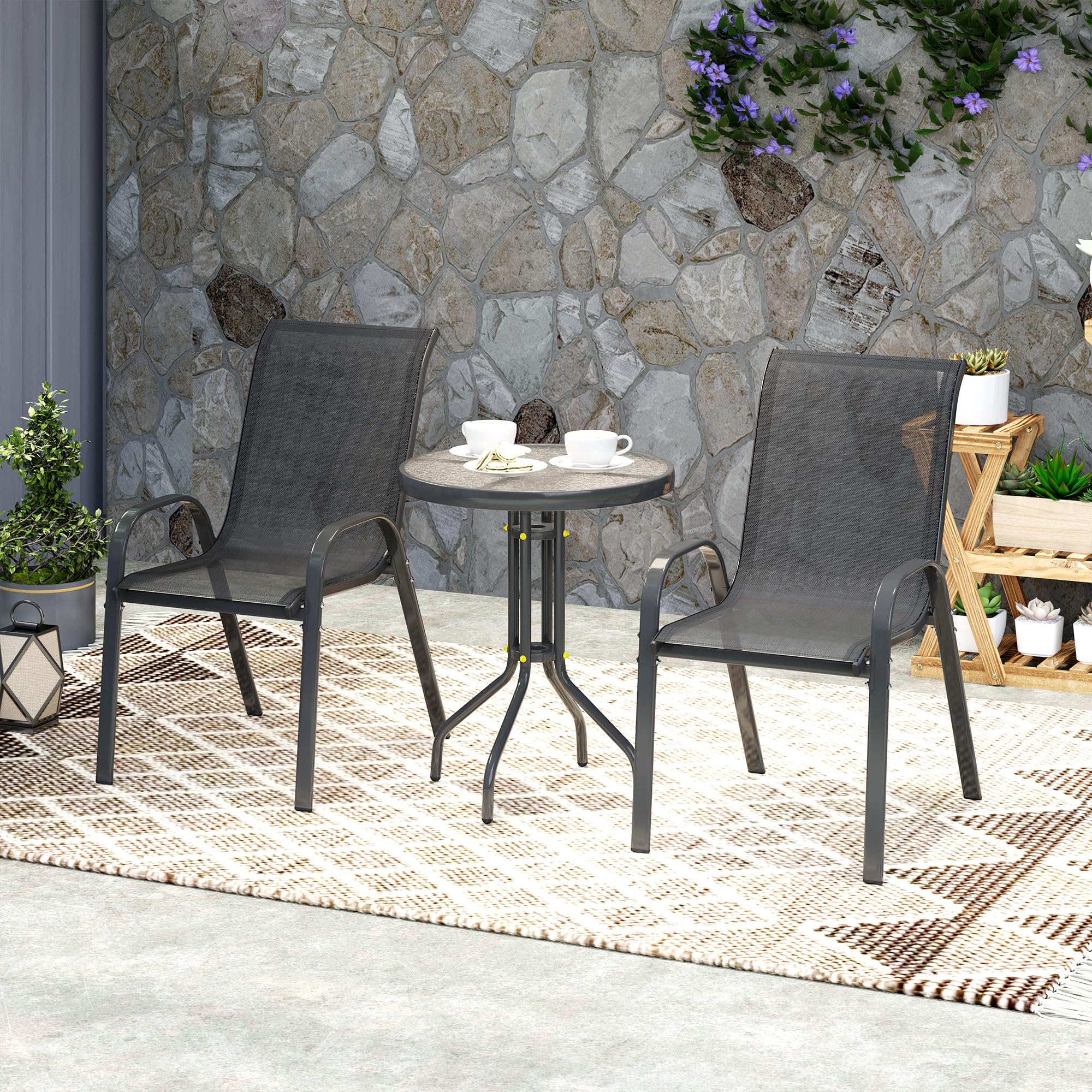 Outsunny Conjunto de Mesa y Sillas de Terraza Exterior de 3 Piezas, Muebles de Jardín Exterior con Sillas Apilables, Encimera de Vidrio y Estructura de Acero, para Patio, Negro