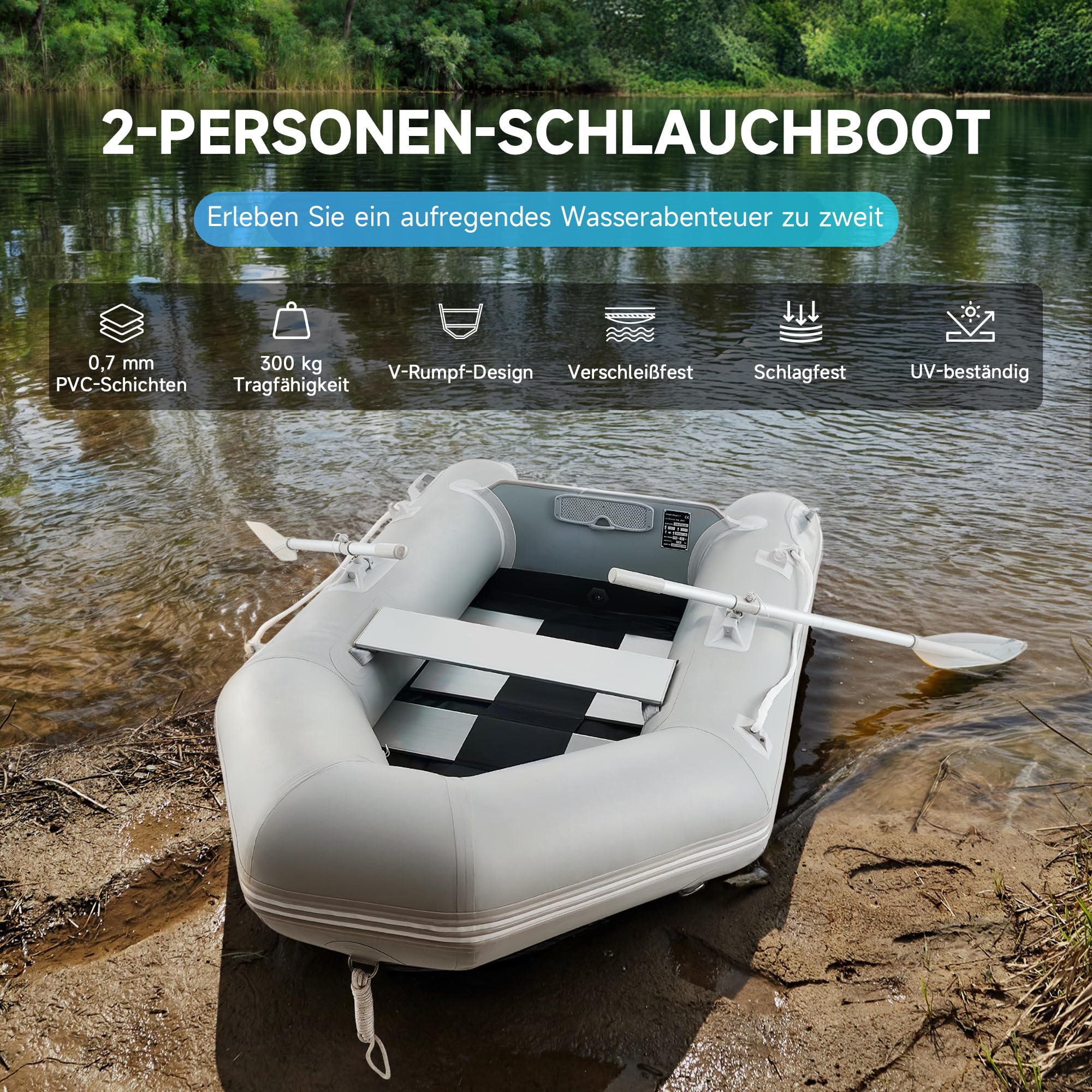 DARTMOOR Schlauchboot für Erwachsene 2 Personen Aufblasbares Boot mit 2 Paddel und Luftpumpe Grau Paddelboot Ruderboot Schlauchboot Angeln mit Sitzbank Aluboden