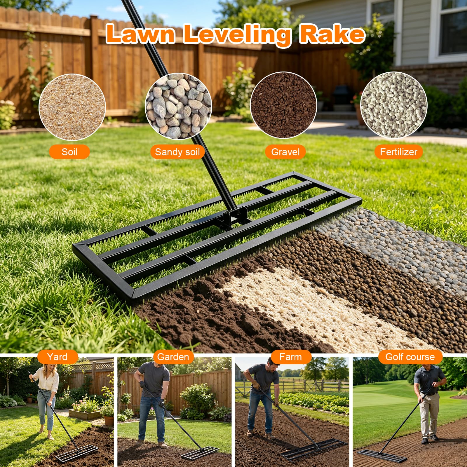 Rasen Nivellierrechen 43x25cm mit Gezahnte Seite und 199 cm Langer Griff, 2-In-1 Rasen-Nivelliergerat aus Eisen, Rasenrechen Leveling Rake für Garten/Hof/Golfplatz, Einebnen von Sand und Erde