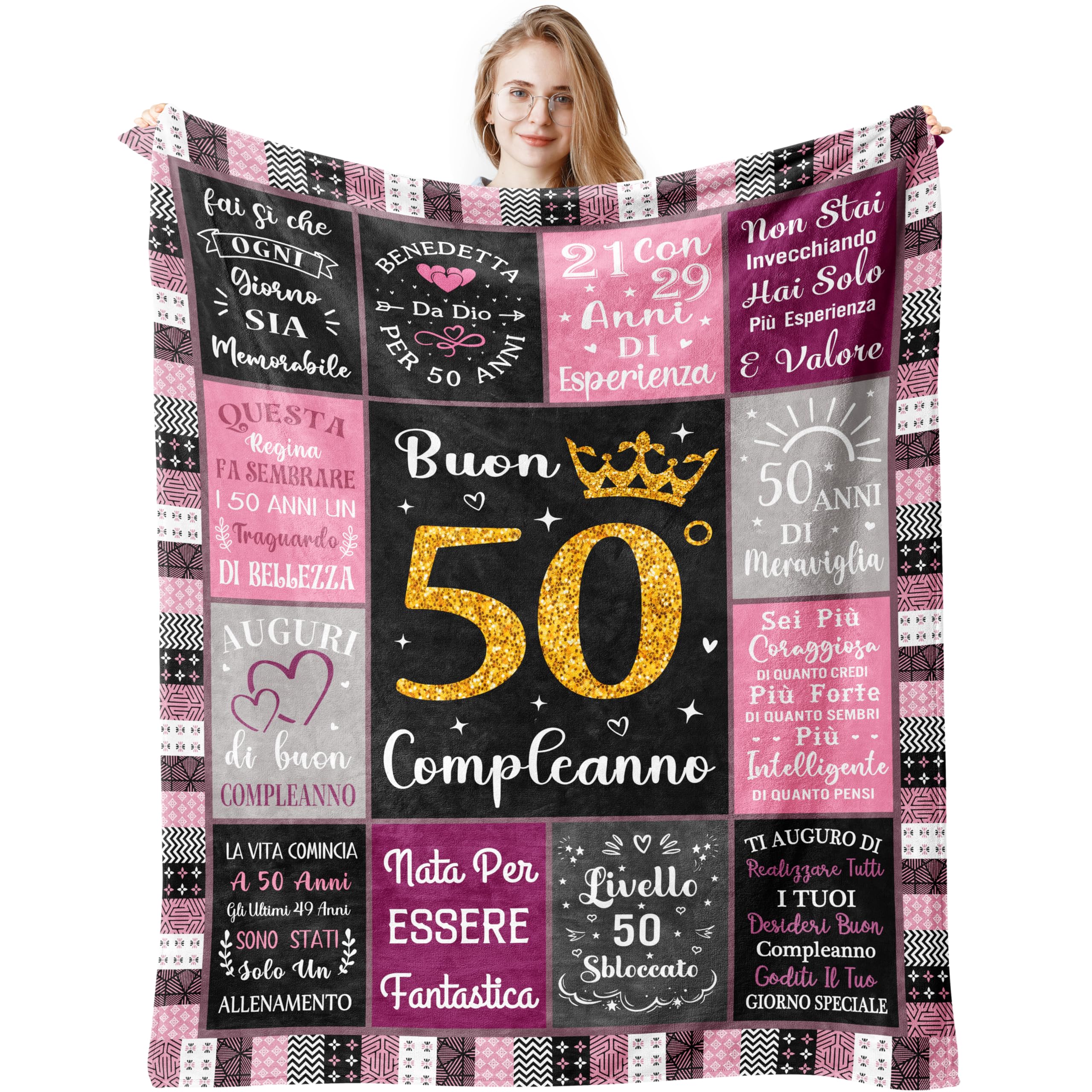 Coperta Regalo 50° Compleanno Donna Uomo – Nati Nel 1972, Morbida Flanella 150x150 Cm, Con Fatti Storici Dell'Anno