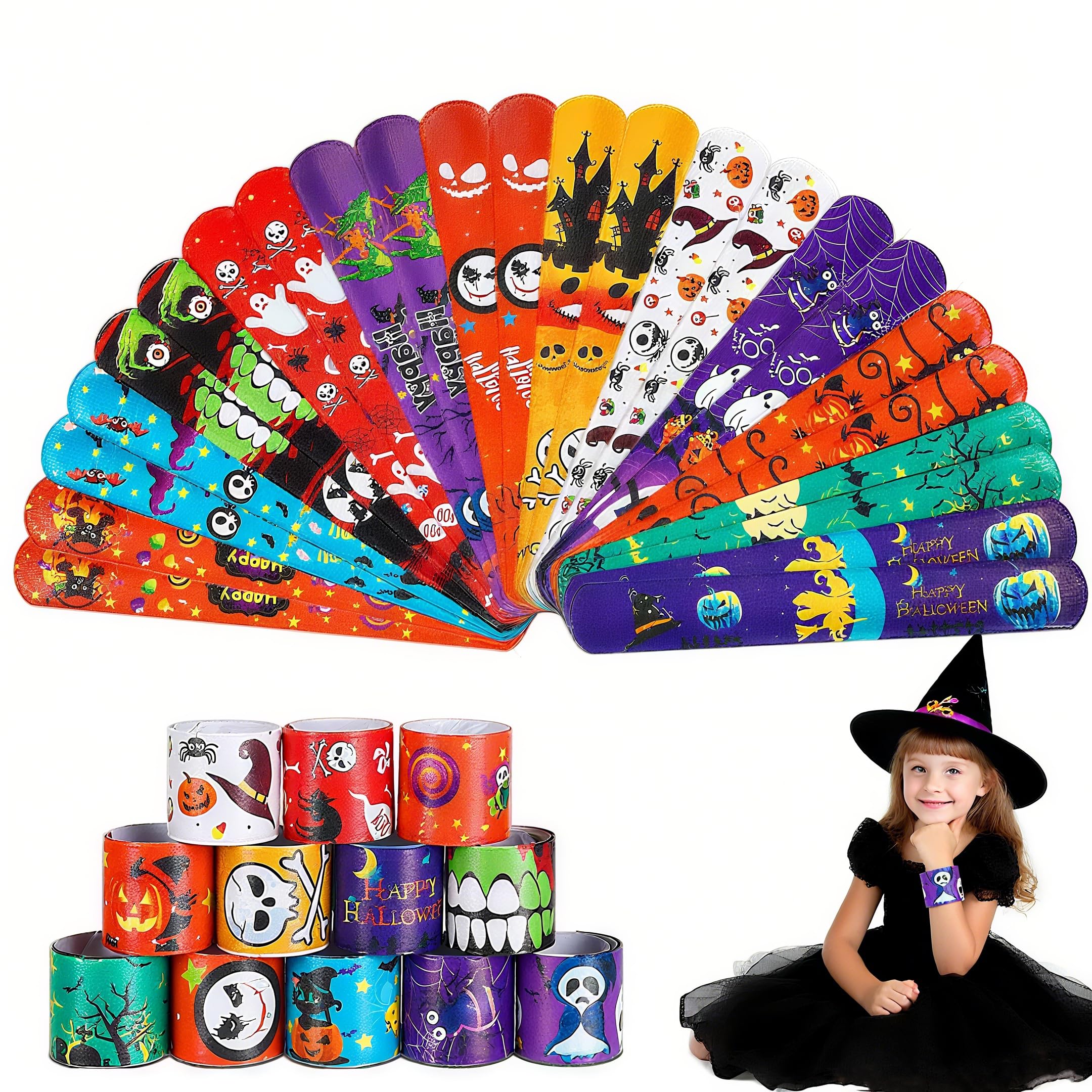 POPOYU 24Pcs Halloween Slap Bands,Slap Bracelets Snap Bands for Halloween Party Bag Fillers,HalloweenParty Favors,Wristbands for Kids Gifts Halloween.Treat or Tricks Party Supplies Classroom Prize