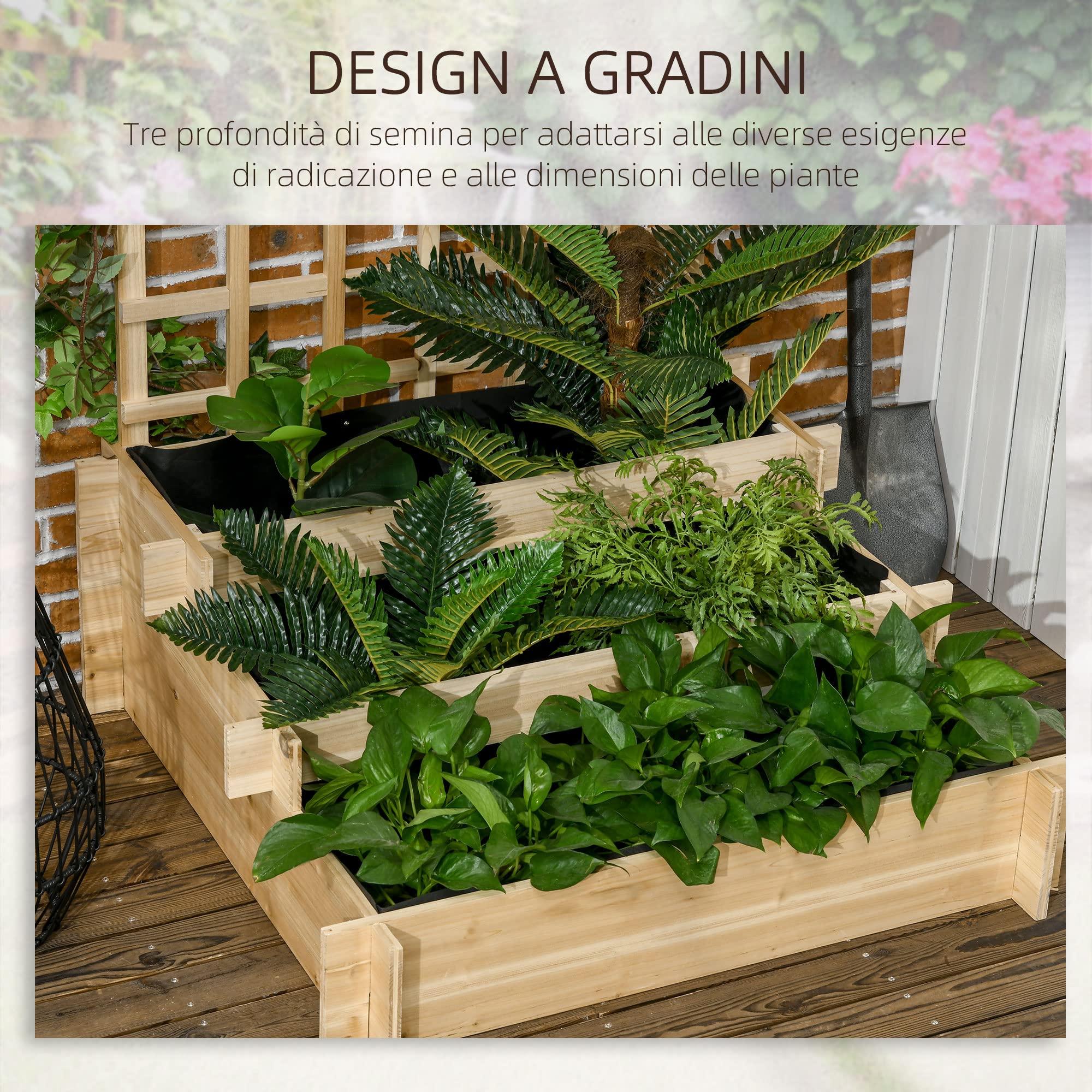 Outsunny Fioriera da Esterno a 3 Livelli con Grigliato in Legno di Abete e Tessuto non Tessuto, 95x95x110 cm, color Legno