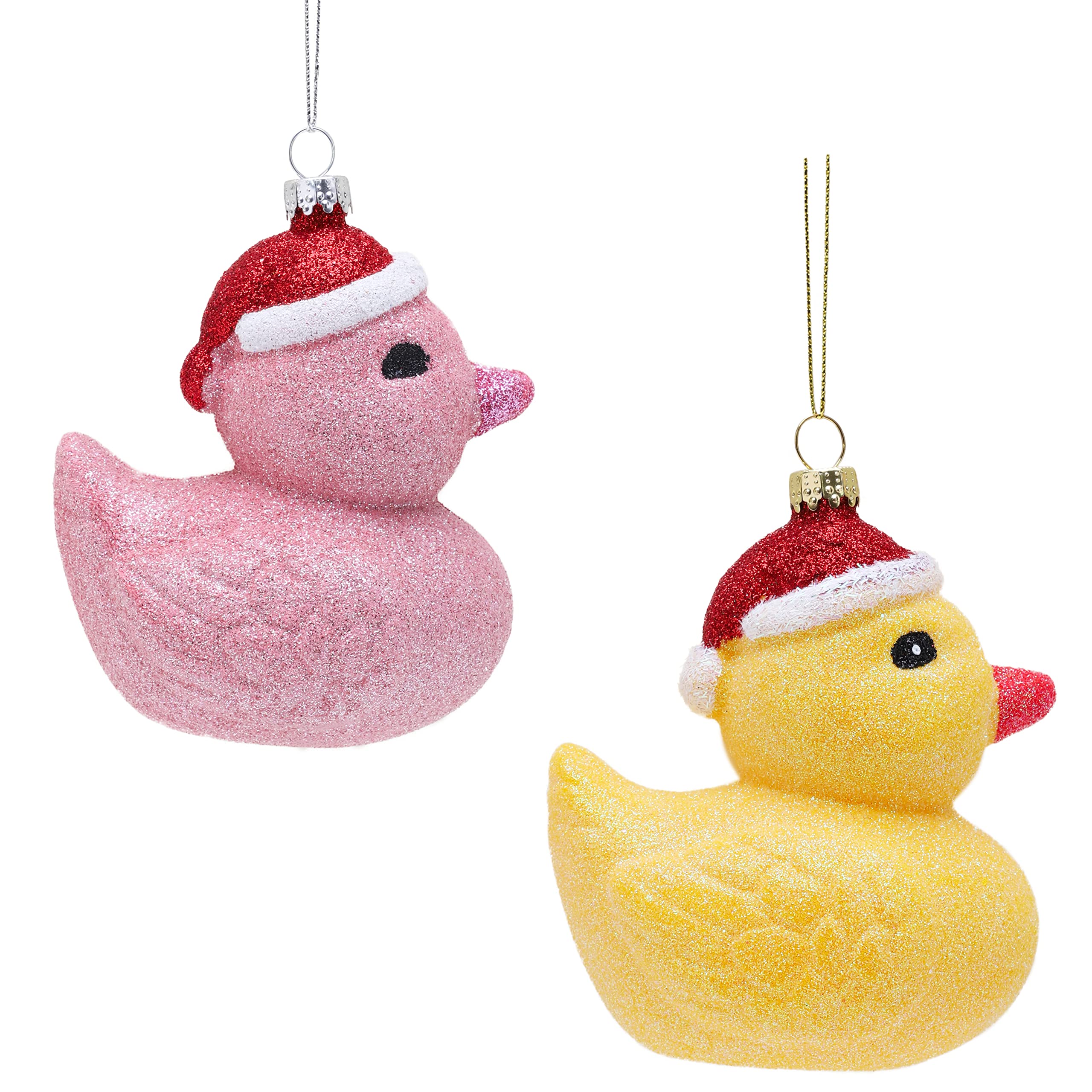 Toyland Pink/Yellow Toyland® Pack Of 2-12Cm Glittery Festive Duck Shaped Christmas Baubles – Christmas Tree Decorations (1 1 Yellow)