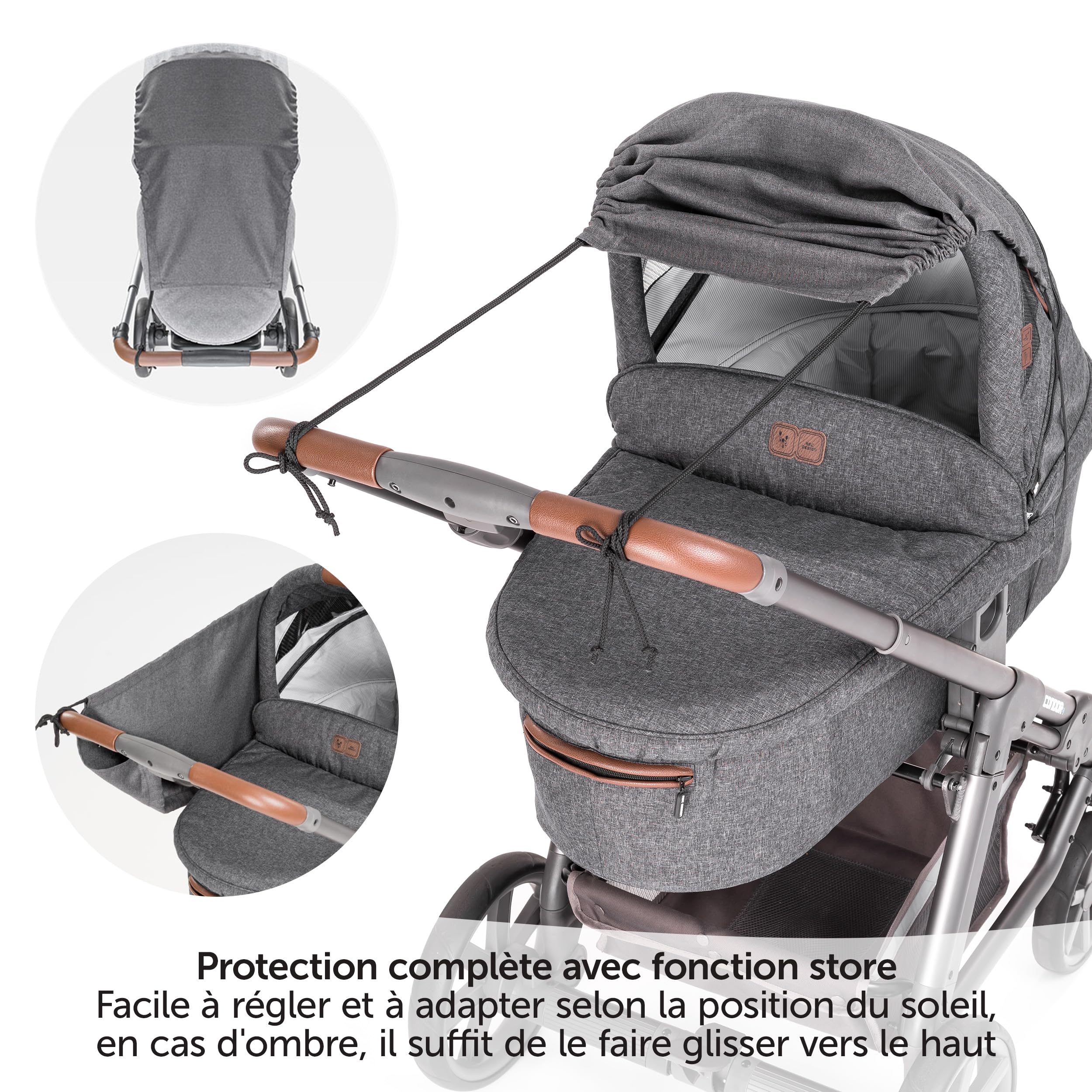 Zamboo Pare Soleil Poussette Universel Bébé – Protection UV 50+ – Voile d’ombrage Poussette avec Fonction Enroulable – Accessoire Poussette et Landau Été – Installation Facile - Gris Chiné