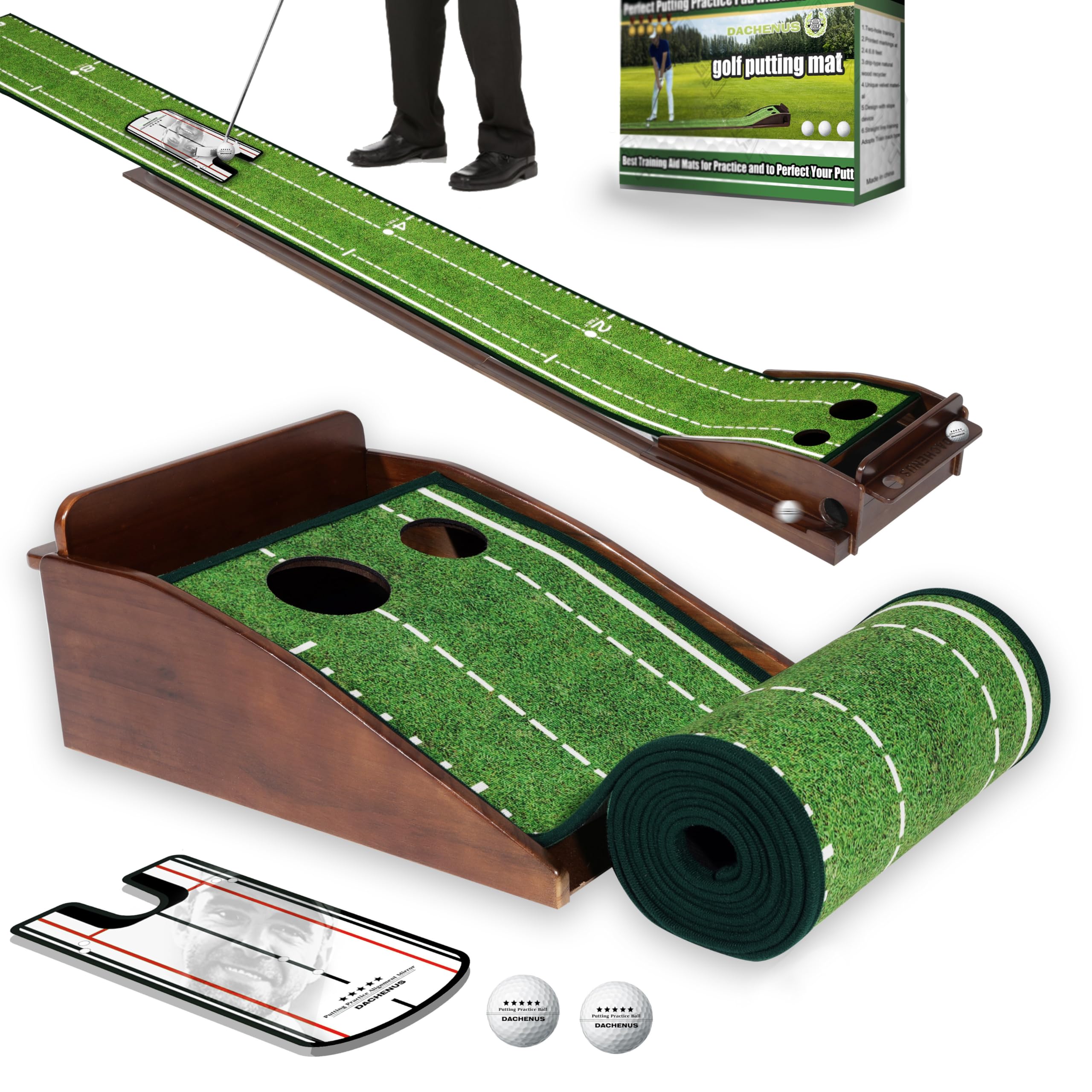 Dacheus Putting Green Indoor, Putting mat, Putting Mat Indoor Golf Matt,Golf Gifts with Automatic Ball Return for Indoor and Outdoor,Office (Coffee Green + Putting Mirror)