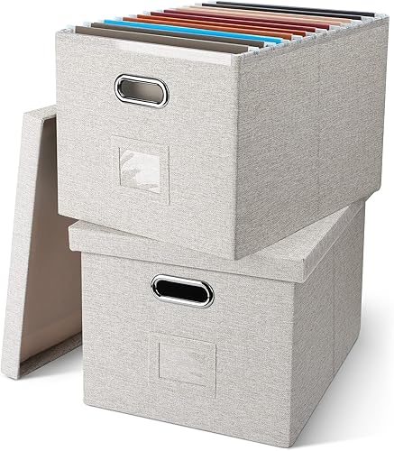 Caja organizadora de archivos, caja de almacenamiento decorativa con tapa para carpetas colgantes de tamaño legal, plegable, de lino, caja de
