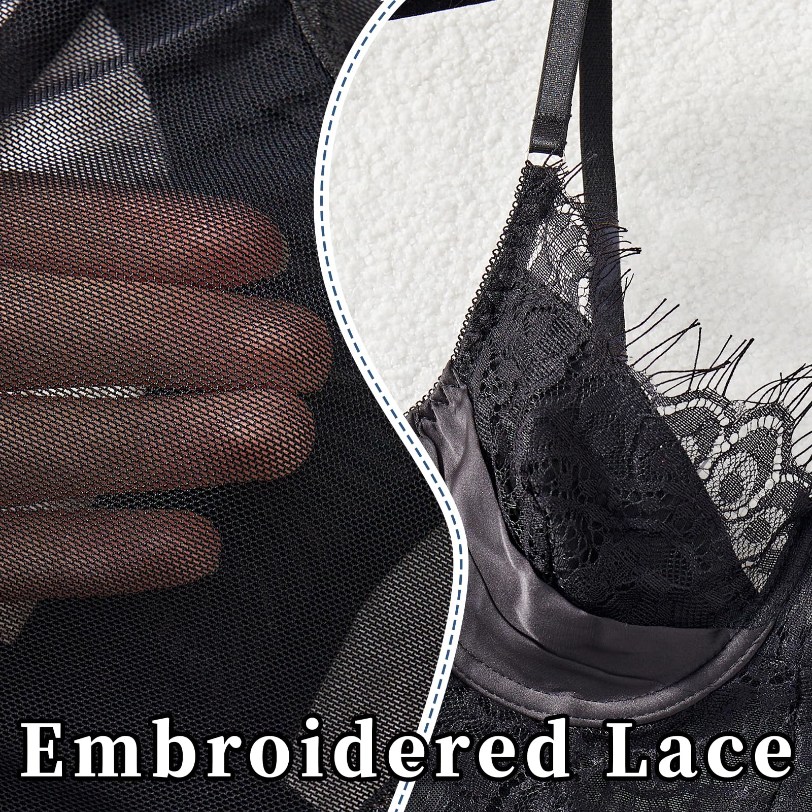 ssgrlvok Sexy Lingerie 3 Piece Set Women Lace Bodysuit with G-String and Stockings Push Up Bralette Sheer Mesh Cute Outfits: Yy583-black Medium