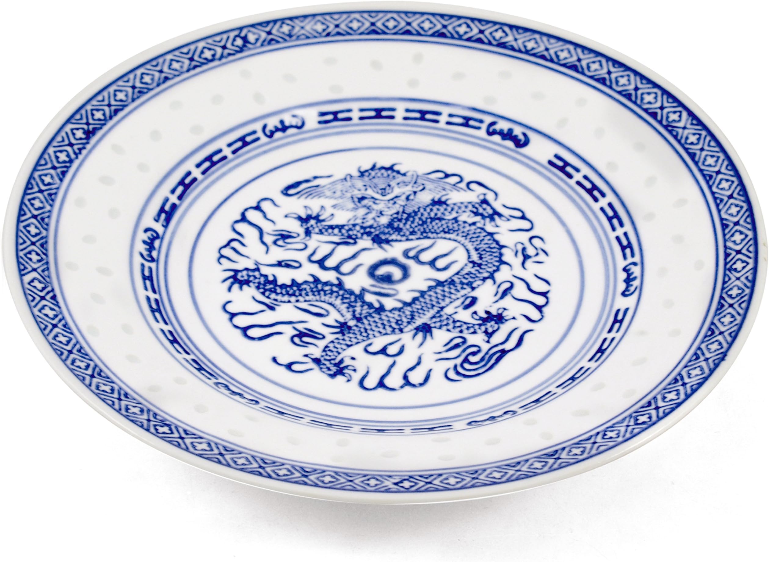 White Porcelain Blue Dragon Asian 8" Dinner Plates, Set of 4