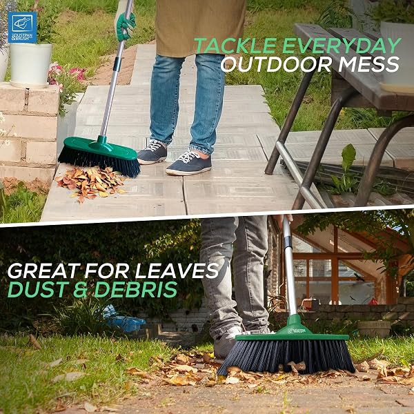 Yard Broom Outdoor Heavy Duty, 10” Garden Broom Synthetic Hard Bristle Brush Head with Strong Handle, Stiff Sweeping Brush Outdoor - 2