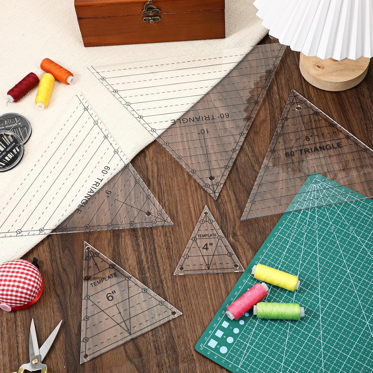 5 Pcs 60 Degree Triangle Ruler for Quilting, 4 6 8 9 10 Inch Acrylic Template Rulers, Non-Slip Transparent Quilting Sewing Layer Cake Patchwork Supplies for Charm Packs, Layer Cakes, Fabric Strips