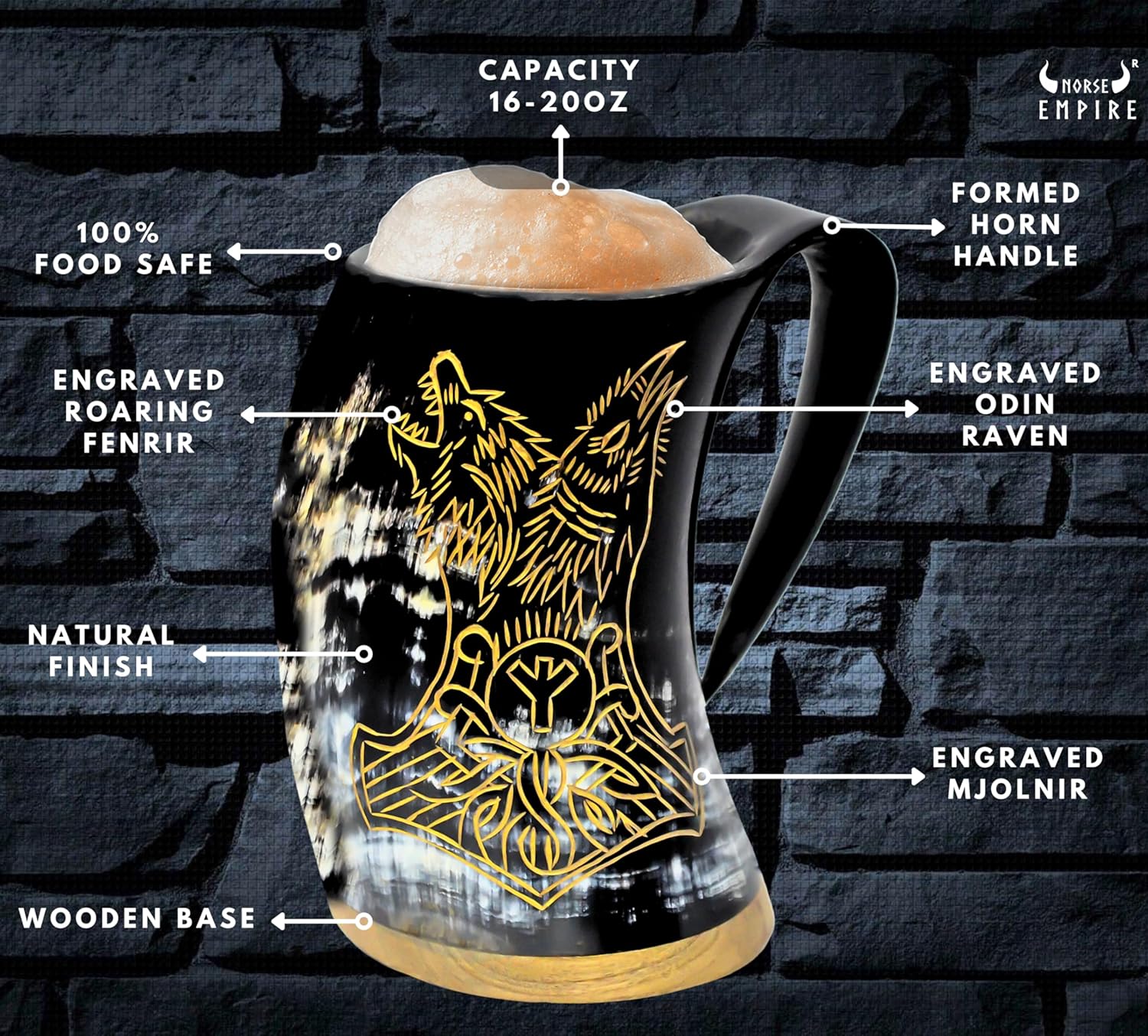 Viking Horn Mug - 100% Authentic 20oz Ultimate Unique Handmade Ox Horn Norse Tankard for Hot & Cold Drinks-Gift for Men and Women- Food Grade Medieval Style Man's Beer & Mead Cup (Wolf,Raven,Mjolnir)…