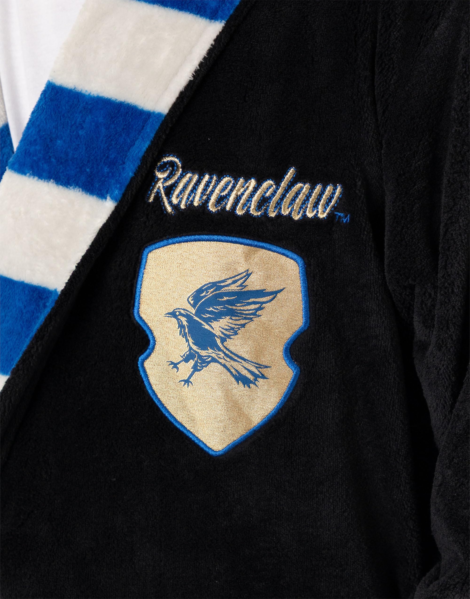 Harry Potter Albornoz unisex con capucha Ravenclaw, negro y azul | Tejido polar suave para relajarse y bañarse | Manga larga con diseño retro a rayas | Merchandising