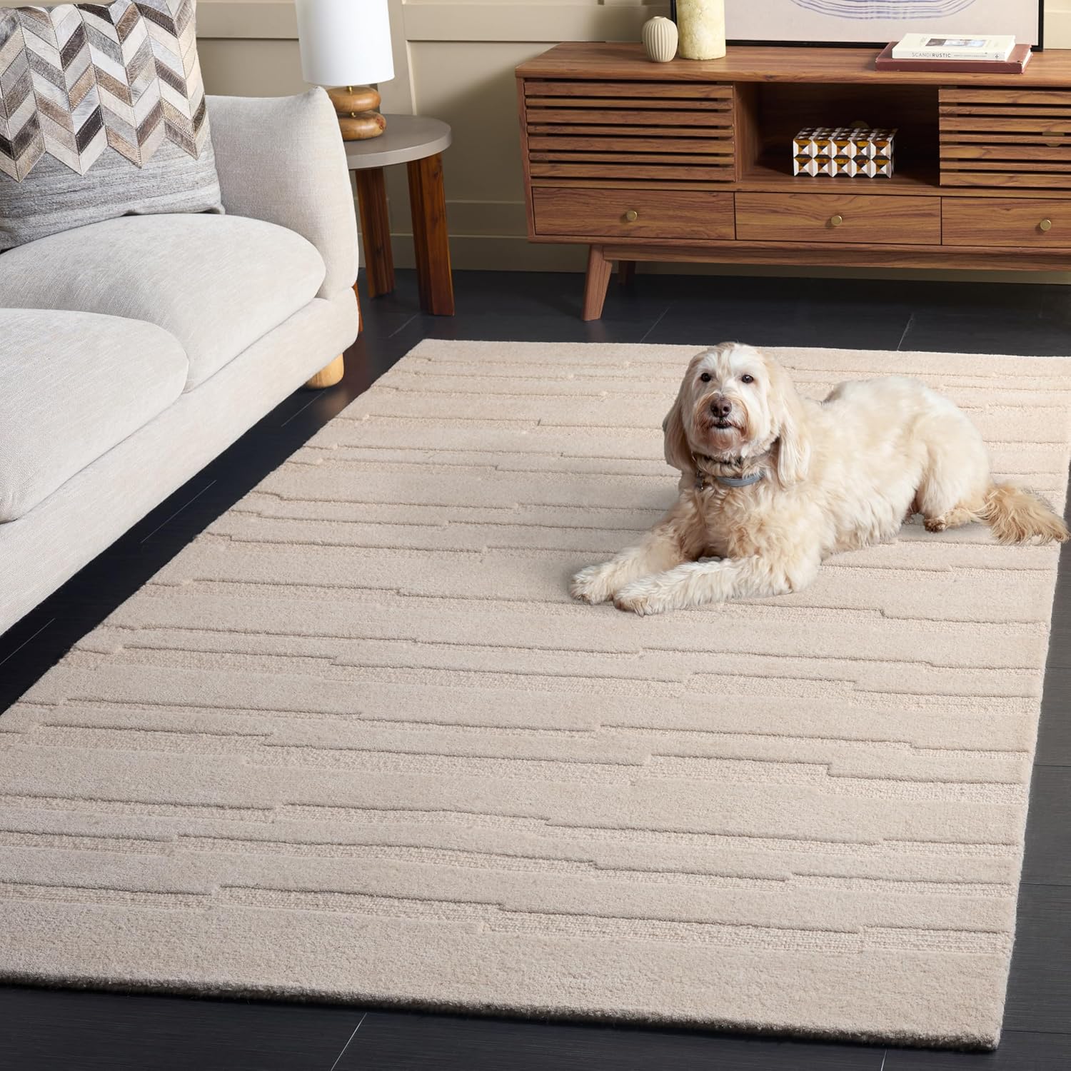 SAFAVIEH Chatham Collection Area Rug - 5' x 8', Ivory, Handmade Textured Stripe Wool, Ideal for High Traffic Areas in Living Room, Bedroom (CHT301A)