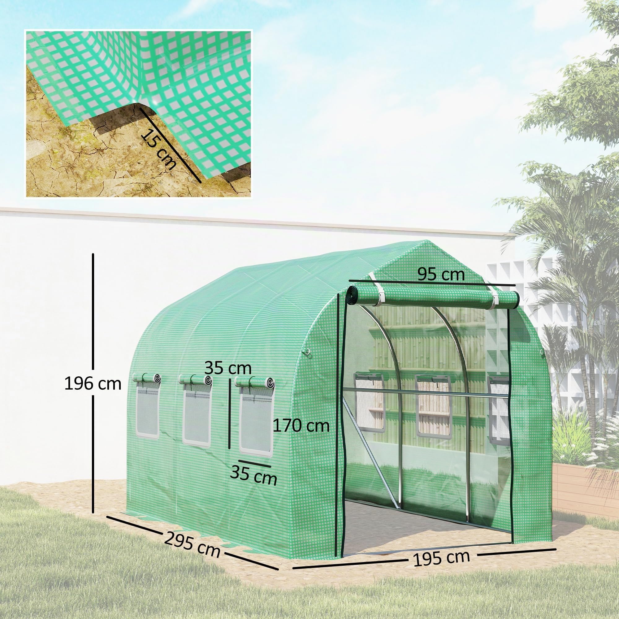 Outsunny Serra tunnel con finestre e porta per giardino 3 x 2 M | Serra pedonabile, giardino posteriore, telaio metallico
