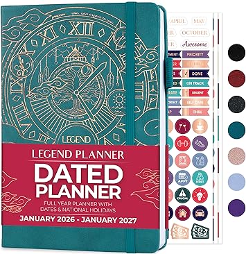 Legend Planner Jan 2026 Jan 2027 Dated Weekly & Monthly Planner to Hit Your Goals, Increase Productivity & Live Happier. Organizer Notebook & Productivity Journal. A5 Hardcover Dark Teal