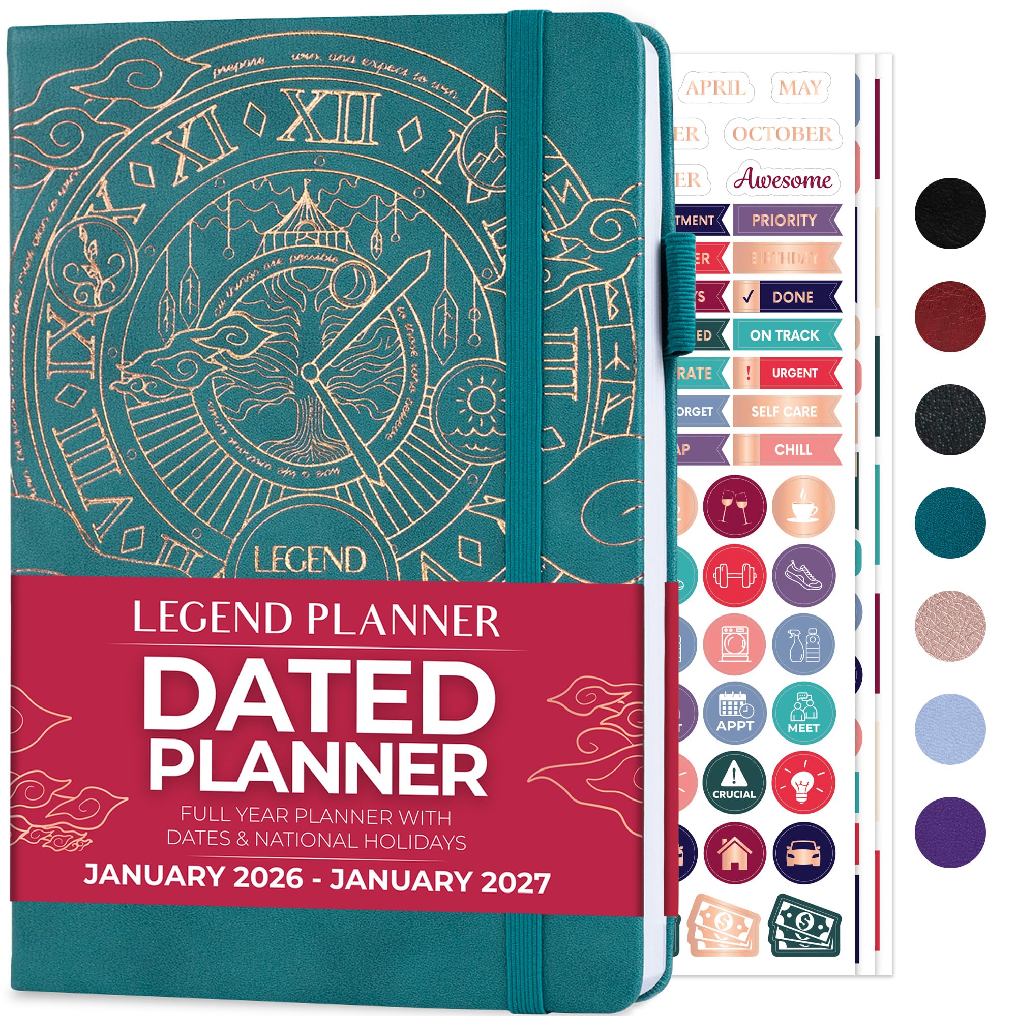 Jan 2026 – Jan 2027 Dated Weekly & Monthly Planner to Hit Your Goals, Increase Productivity & Live Happier. Organizer Notebook & Productivity Journal. A5 Hardcover (Dark Teal)