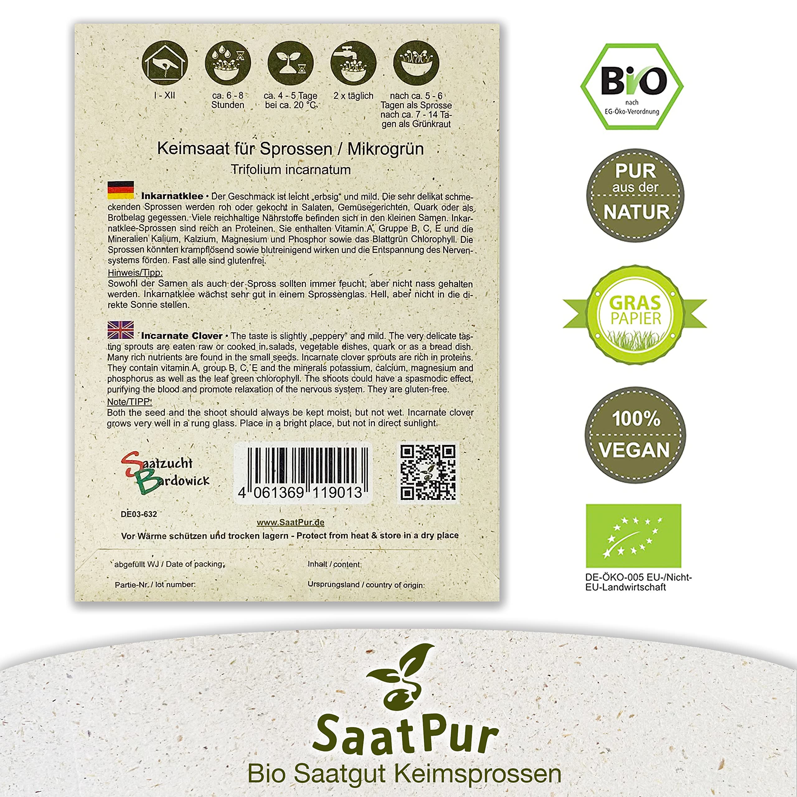 Inkarnatklee Rosenklee BIO Keimsprossen von SaatPur - Sprossen Keimsaat, Microgreen - Großes Tray mit 60 Portionstüten je 30g