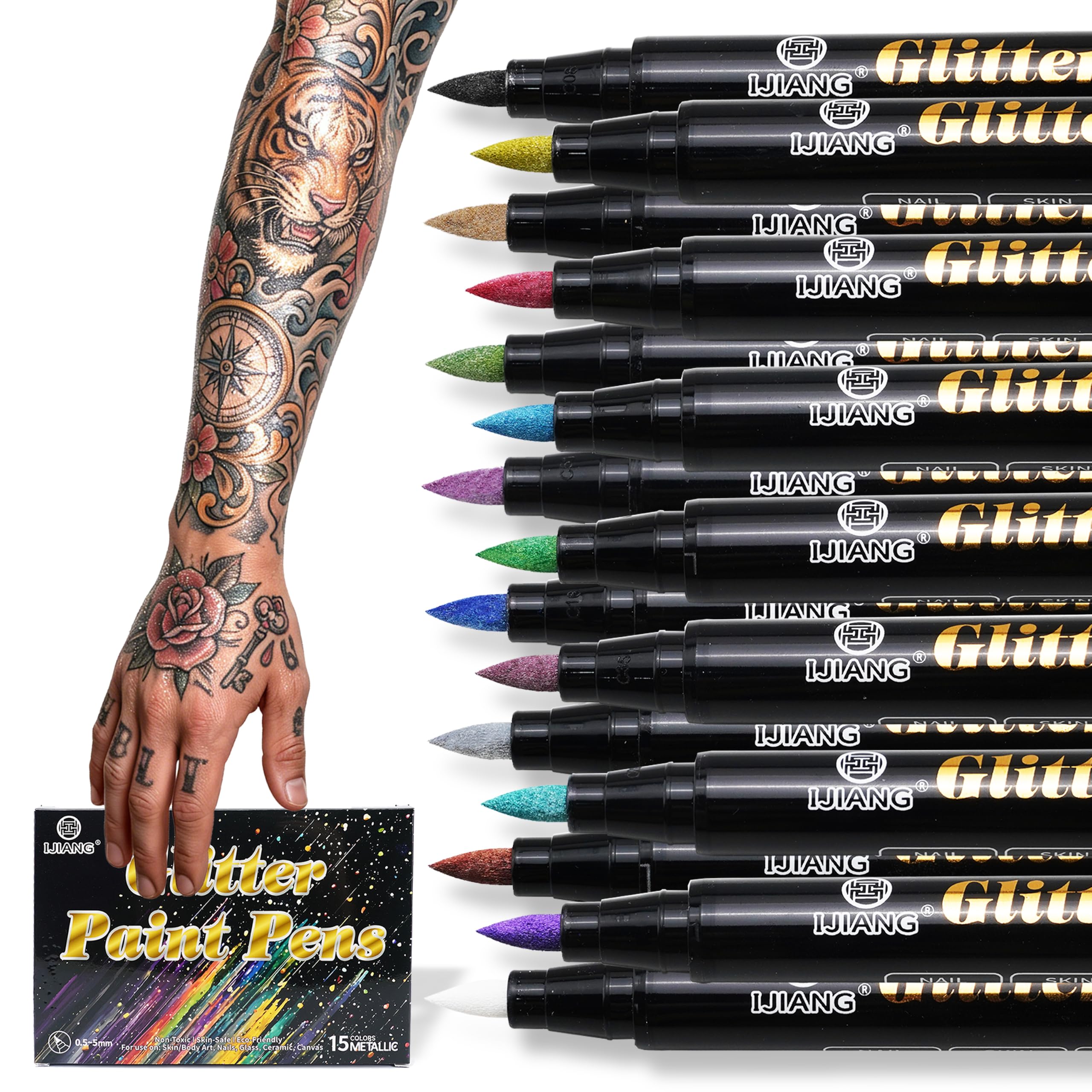 Tattoos Markers 15 Vibrant Metallic Colors Set for Body Skin With Fine Tips