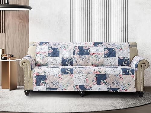 Miniatura 14 de Brilliant Sunshine Funda para Sofá de Retazos con Flores de Durazno y Olivo, Funda Acolchada para Sofá Grande, Ancho de Asiento de 70", Protector de