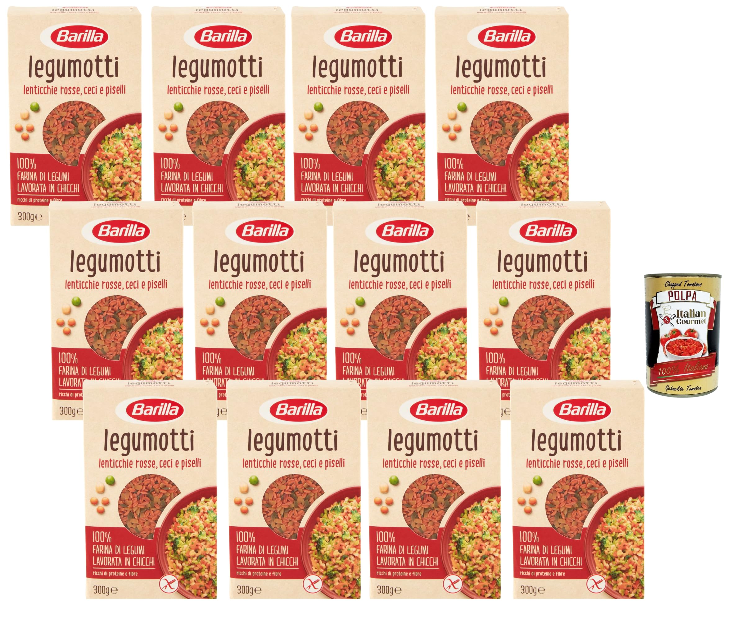 Italian Gourmet Legumotti Legumi Körner Lenticchie Ceci Piselli 12 x 300g | Proteinreich, glutenfrei, schnell gekocht; chicchi vegetali per insalate, Gesamtnettogewicht 3,6 kg + Kostenlos Polpa 400g