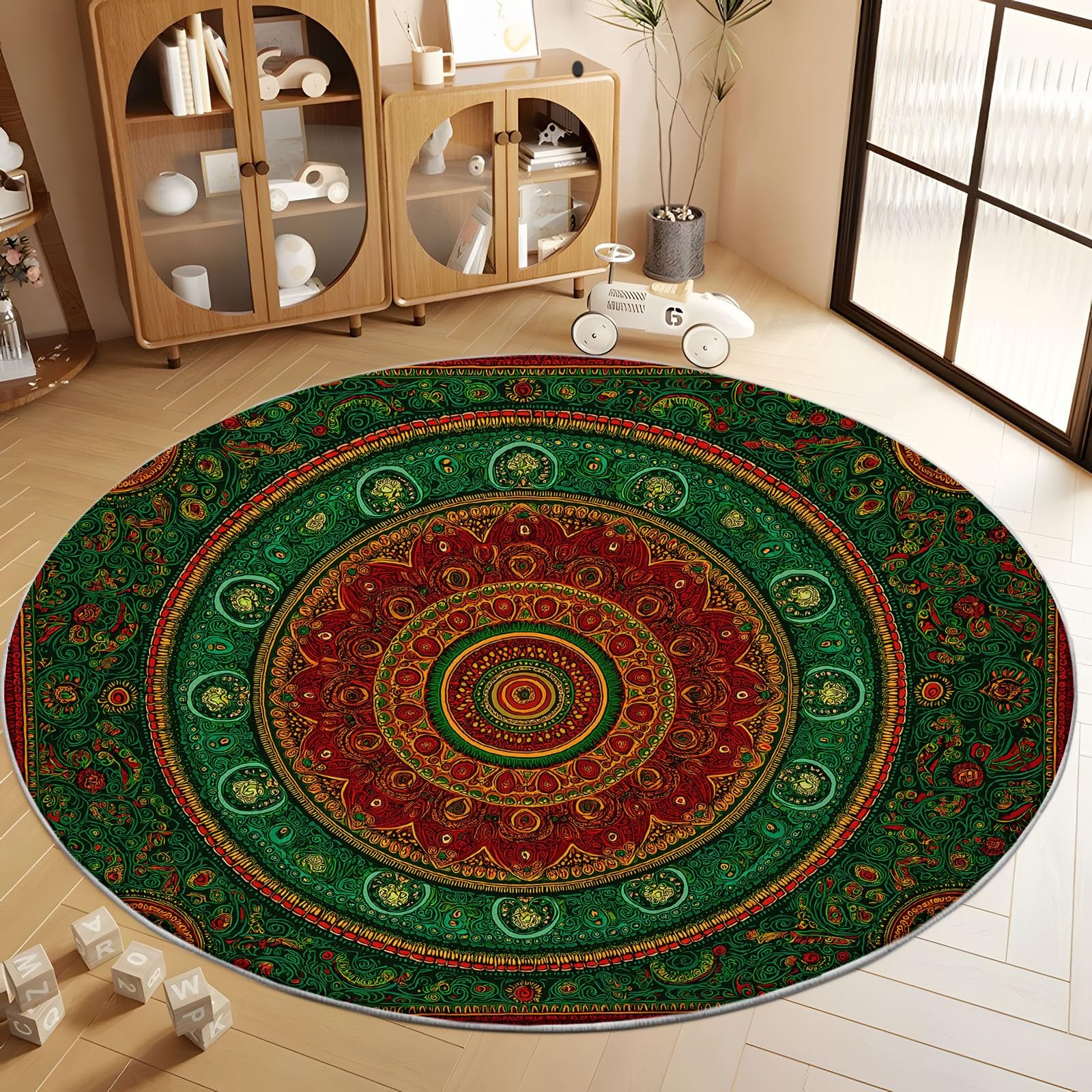 Waschbarer Rutschfester Runde Teppiche 220 cm, Paisley Muster Runder Teppich für Wohnzimmer Schlafzimmer Kinderzimmer - Retro Pflanzen Blumen Streifen Weicher Niedrigflor Teppich für Spielzimmer