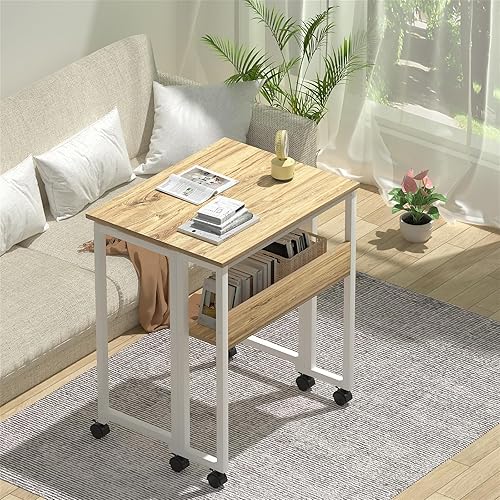 Miniatura 8 de GreenForest Escritorio plegable pequeño con estante de almacenamiento, escritorio plegable para computadora de 31.5 pulgadas con ruedas para espacio