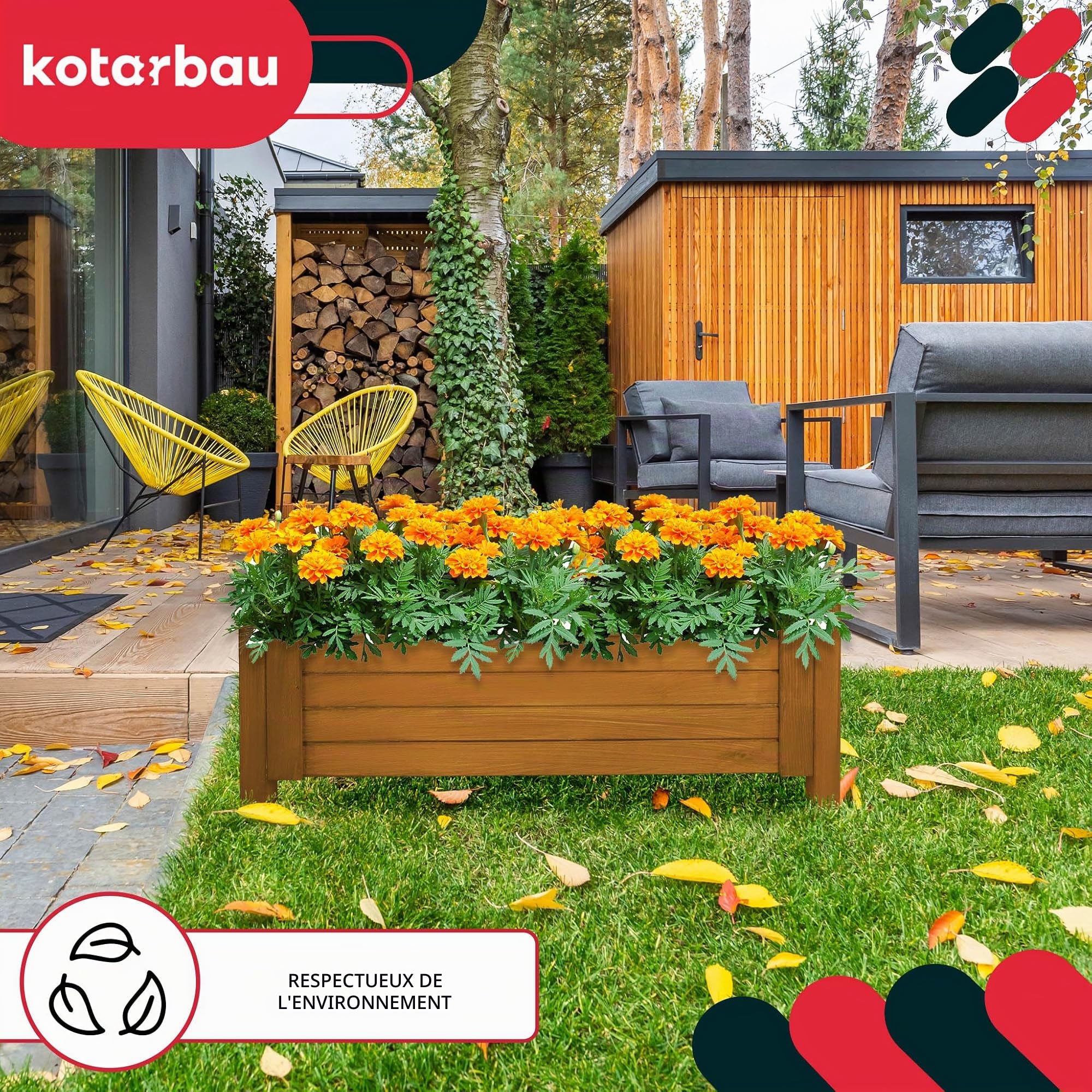 KOTARBAU® Jardinière Extérieur - Bois de Pin Imprégné - 79 x 39 x 30 cm - Chêne - Jardiniere sur Pieds - Bac à Fleurs Rectangulaire - Grande Capacité - avec Toile Anti-Mauvaises Herbes