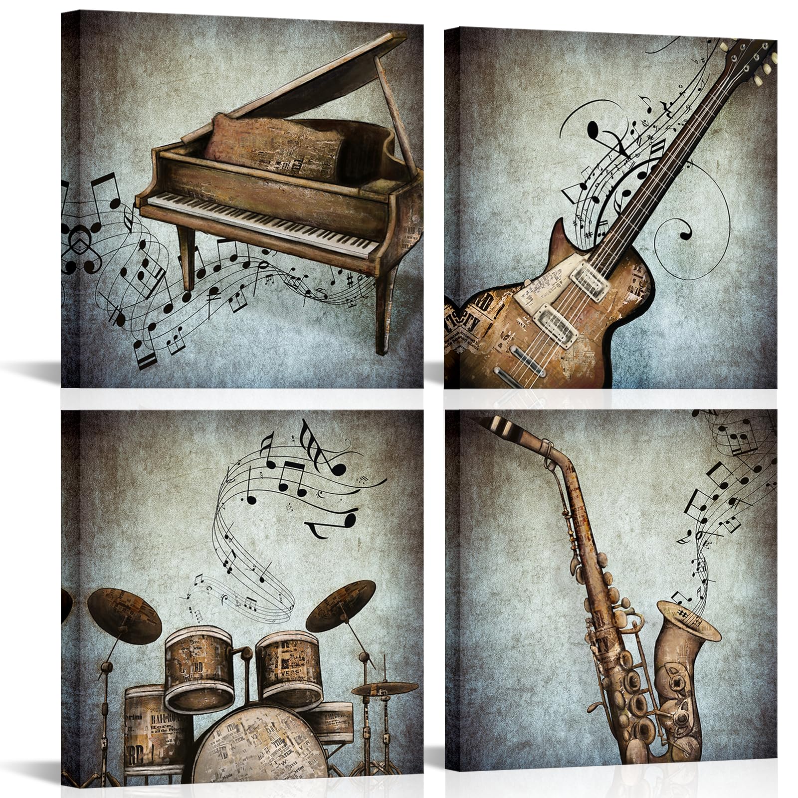 LyerArtork 4 Panel Music Canvas Wall Art Vintage Piano Guitar Drum Set Saxophone Pictures Stretched Canvas Framed Art Abstract Music Notes Posters Artwork for Modern Home Bedroom Living Room Decor