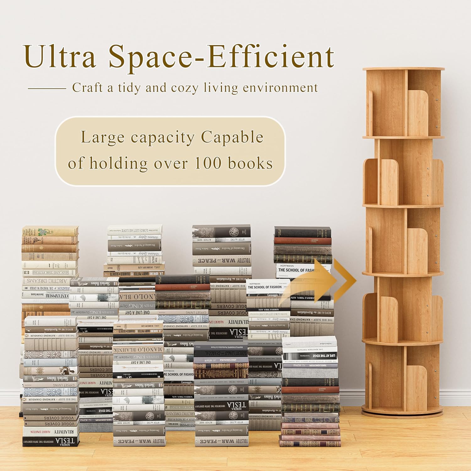 VDNEND Wooden 5 Tier Rotating Bookshelf, Spinning Bookshelf Tower,Modern Revolving Small Bookcase for Corner,Living Room,Bedroom (Natural Oak, 5-Tier)