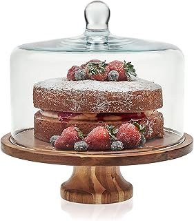 Libbey Acacia Wood Cake Stand with Lid, Footed Round Cake Container, Ball Top Handle Covered Cake Stand, Durable Glass Dome Cover