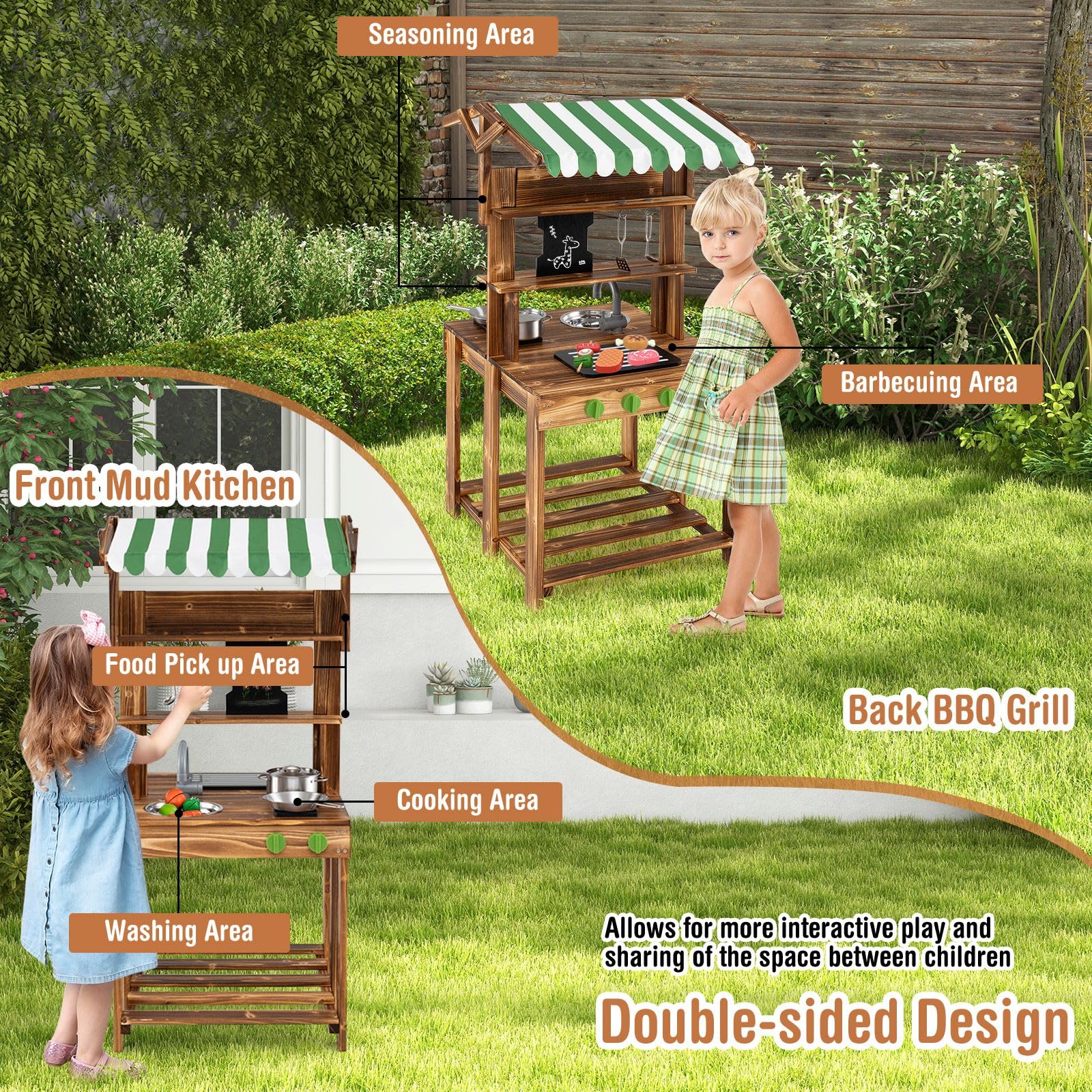 HOMASIS Cuisine d'extérieur en Bois avec auvent, Cuisine Jouet pour Enfants Double Face avec Tableau Noir, Robinet, 4 ustensiles et 2 Crochets, Barbecue Jouet pour Enfants à partir de 3 Ans, Vert