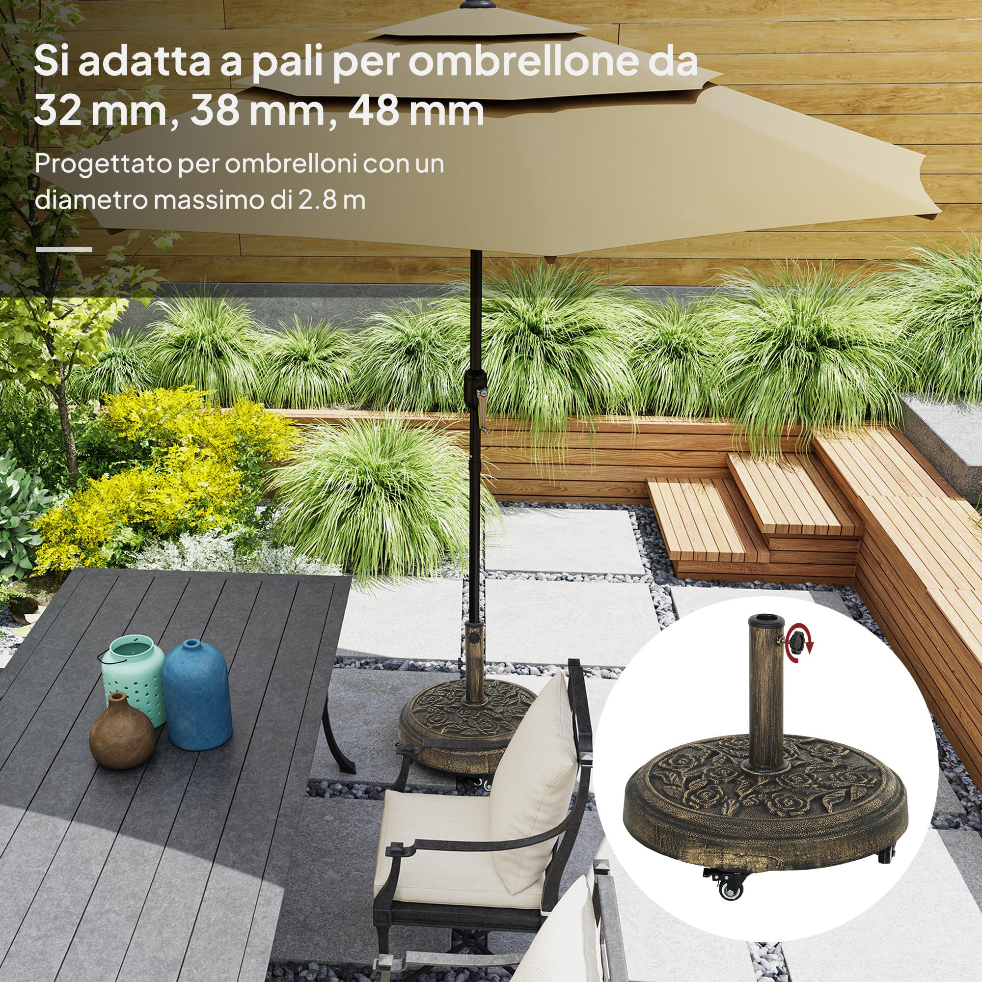 Outsunny Base per Ombrellone Rotonda da Esterno 21 kg con Ruote Bronzo | Basamento in Resina, Supporto per Ombrelloni da 32mm/38mm/48mm, per Giardino, Terrazza, Piscina
