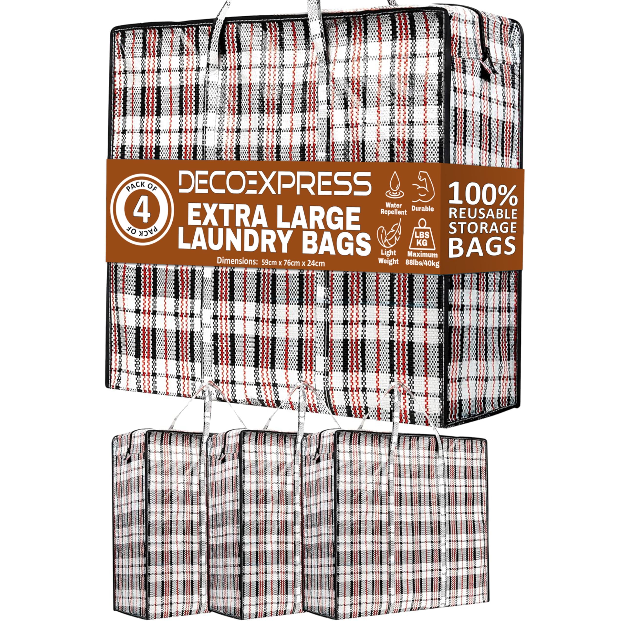 Deco Express Multi Laundry Bags Xxl, Pack Of 4, 107L Strong, Durable & Reusable Extra Large Storage Bags With Zips, Ideal For Moving, Shopping, Packing, Laundry & Clothes Storage (76 X 59 X 24 Cm)