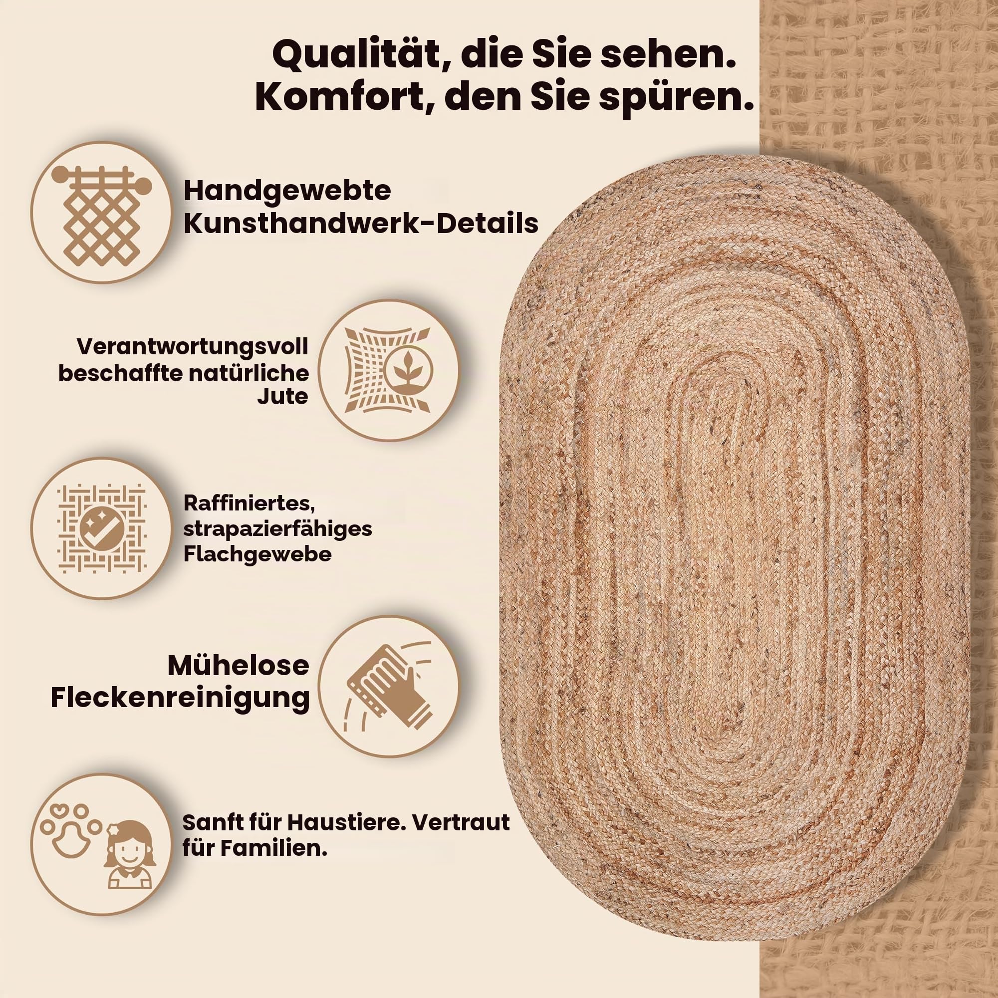 Craft Trade Handgewebt Natur Boho Jute Teppich Reversibel Geflochten Waschbarer Oval Juteteppich für Küche Wohnzimmer und Schlafzimmer- 90x150 cm