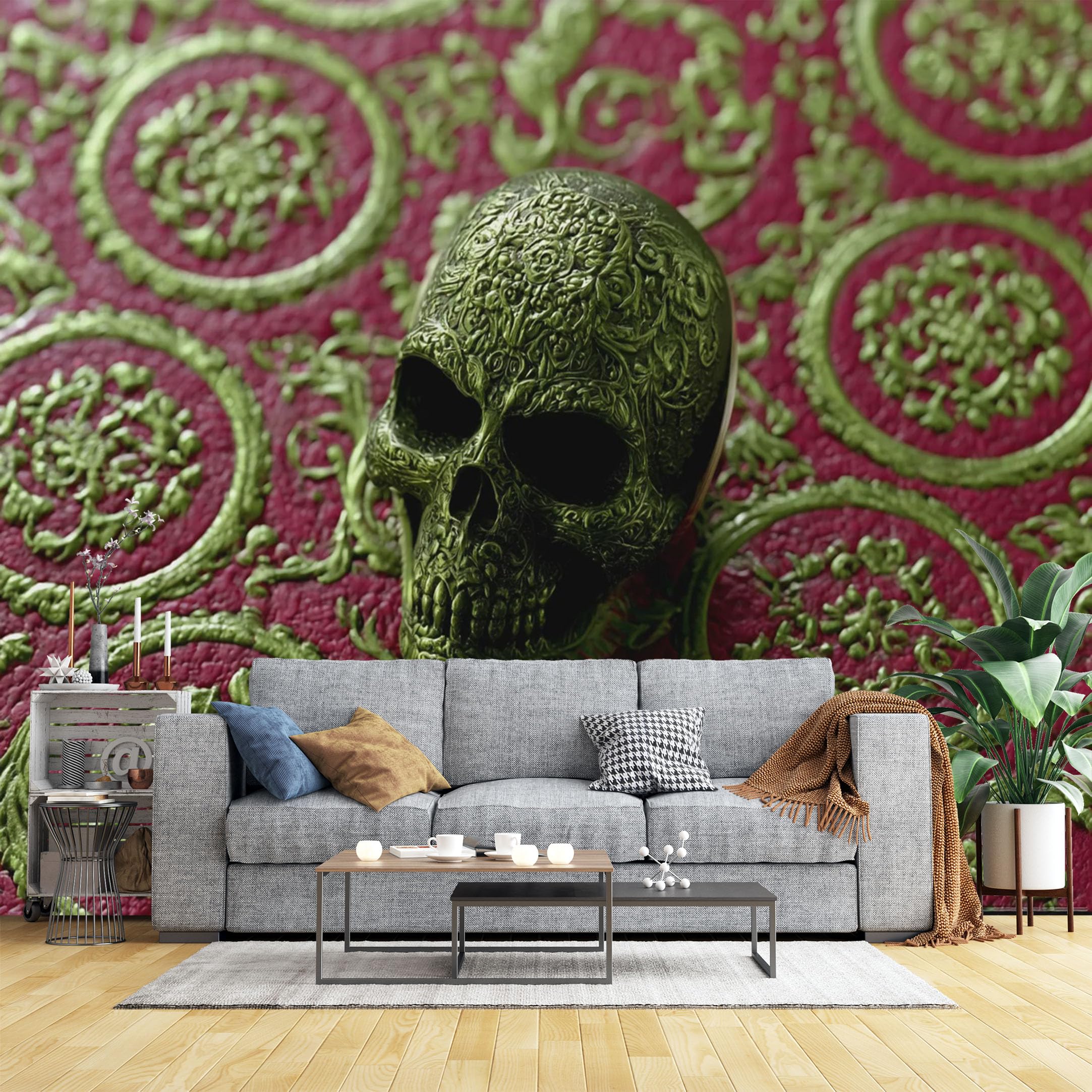 Custom Size Wall Murals Ornate Green Skull on Red Floral Wall Murals Gothic Decorative Wallpaper, Full Wall Self-Adhesive Removable Wallpaper for Bedroom