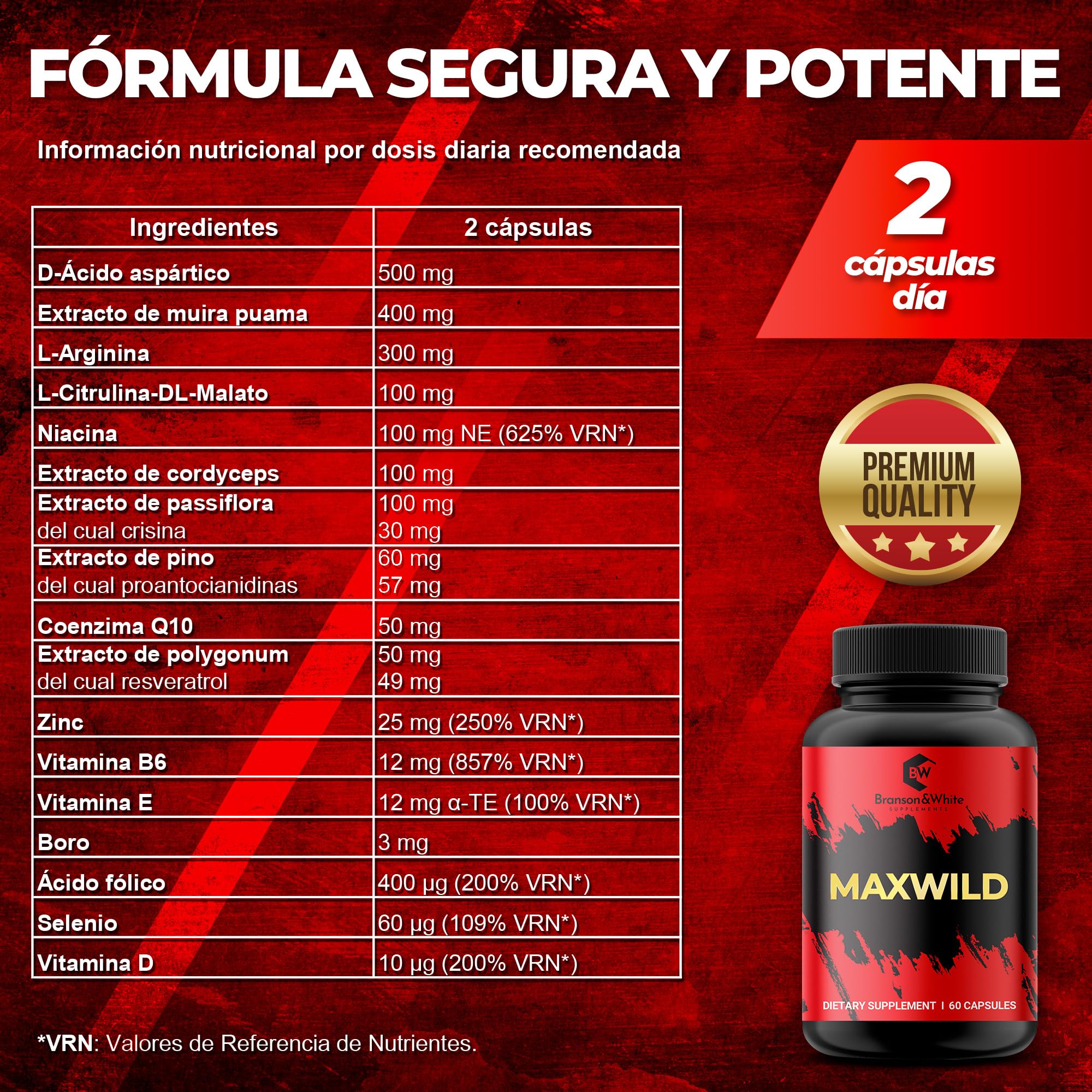 MAXWILD - Testosterona Hombre con 17 Ingredientes | Ácido Aspártico, Muira Puama, L-Arginina, Coenzima Q10 | Energía, Vitalidad, Libido, Rendimiento Físico y Bienestar | 60 Cápsulas