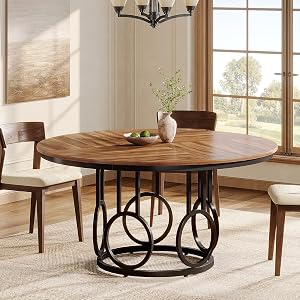 Tribesigns 47-Inch Round Dining Table, Wood Kitchen Table with Sturdy Metal Base for 4-6 People, Large Circle Dinner Table for Dining Room, Kitchen, Living Room (Brown & Black, Only Desk)