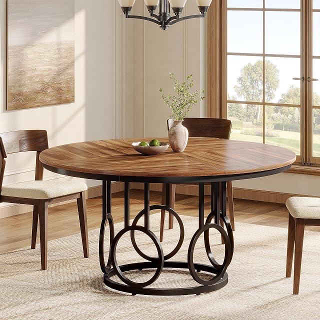 Tribesigns 47-Inch Table à manger ronde, Table de cuisine en bois avec base métallique solide pour 4-6 personnes, Grande table de dîner en cercle pour salle à manger, cuisine, salon (Brown & Noir, seulement bureau)