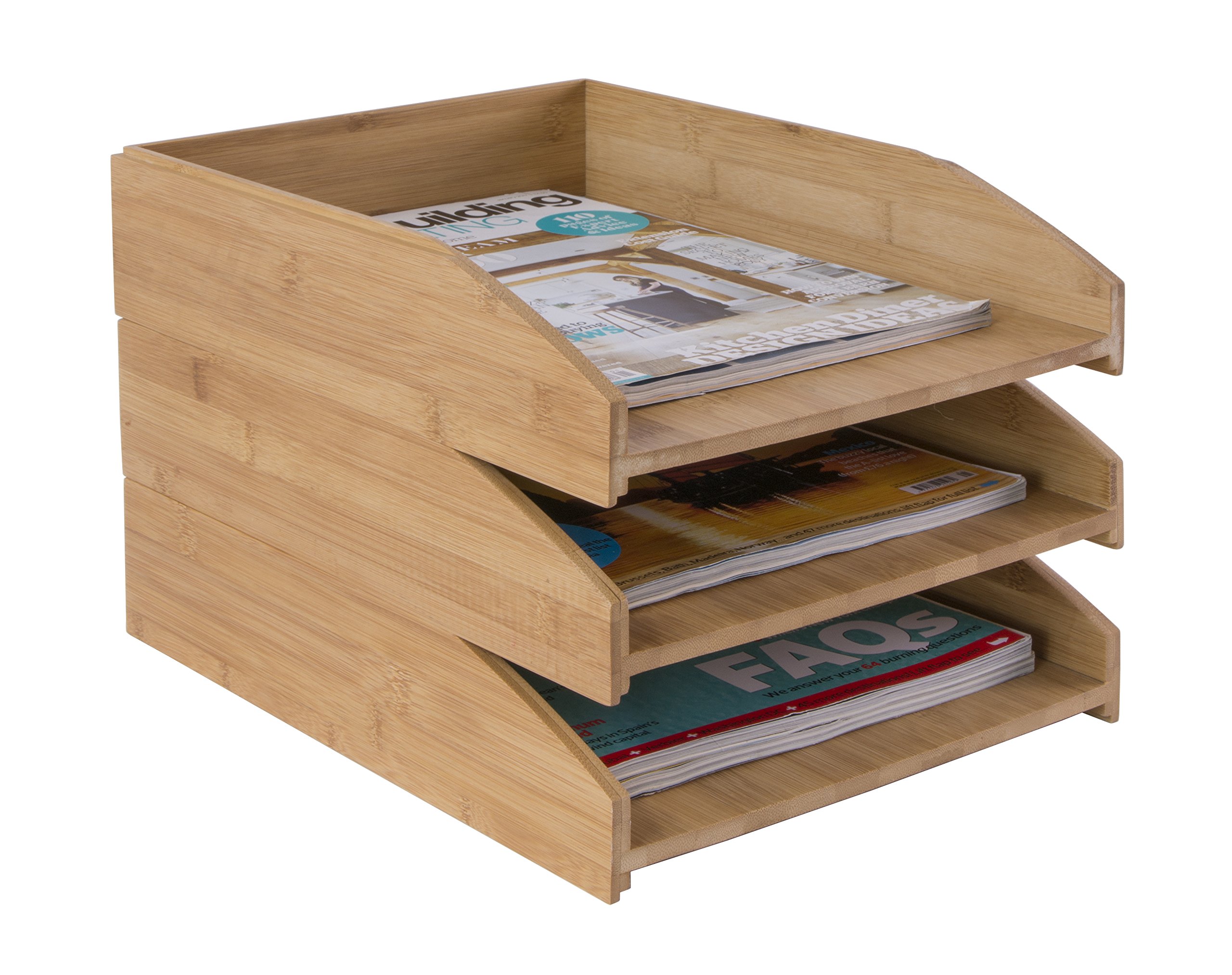Osco Bamboo Letter Tray | 3 Pack | A4 | Easily Stackable | Desk File Organiser | Paper Storage | Office Document Sorter | No Risers Required | H7.3 X W25.5 X D34 Cm