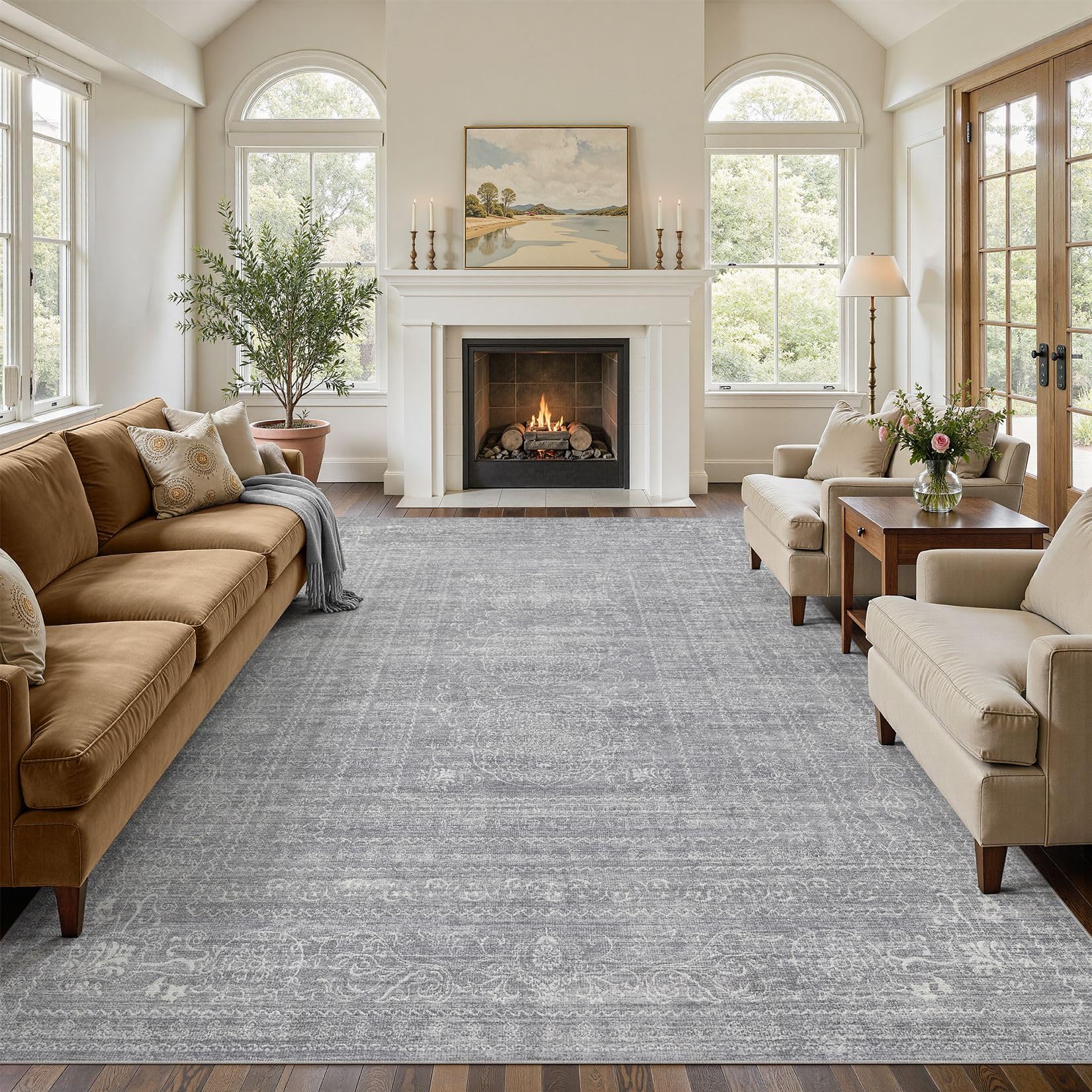 5x7 Area Rugs Living Room: Washable Large Vintage Beige Rug Neutral Non-Slip Soft Stain Resistant Indoor Carpet for Bedroom Nursery Dining Room Under Table Bed Home House Office Playroom — view 10